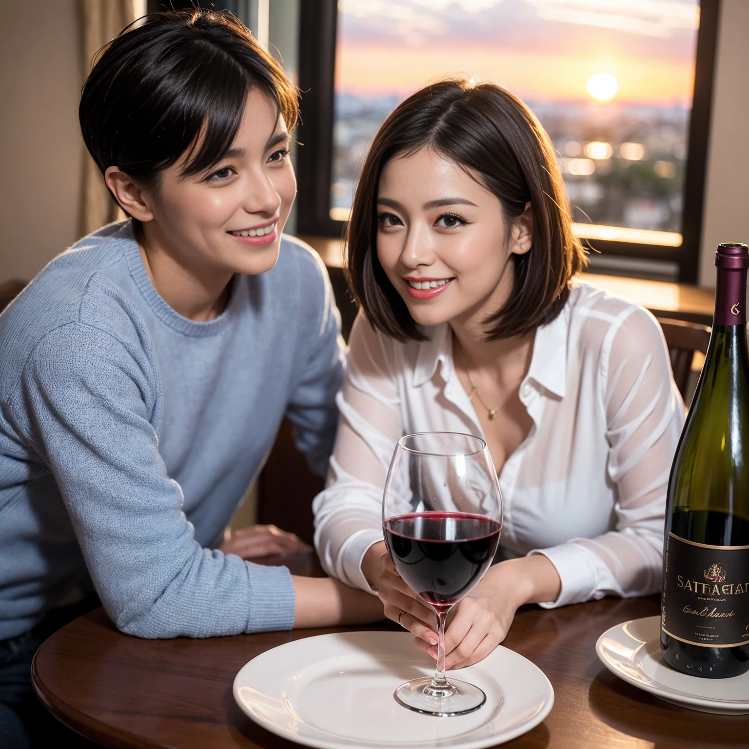 ((Highest quality、8k、masterpiece:1.3))、 (Genuineistic, Genuine、Bright image、Intricate details:1.2), 最高のsmile、1 male,1 female、Beautiful couple、Satomi Ishihara-like lover、Good friends、actress couple、smile、A full-course dinner with a full table、 (Slim face), (the body is slim), (Brown Hair), (short hair), テーブルのwine glass、Please shine a light on my face、 Amazing view of the sunset sky and clouds、 (36 years old)38 years old, red wine 、Wine bottle、sparkling wine、Long sleeve shirt、Pink Dress、White wine, red wine, wine glass,