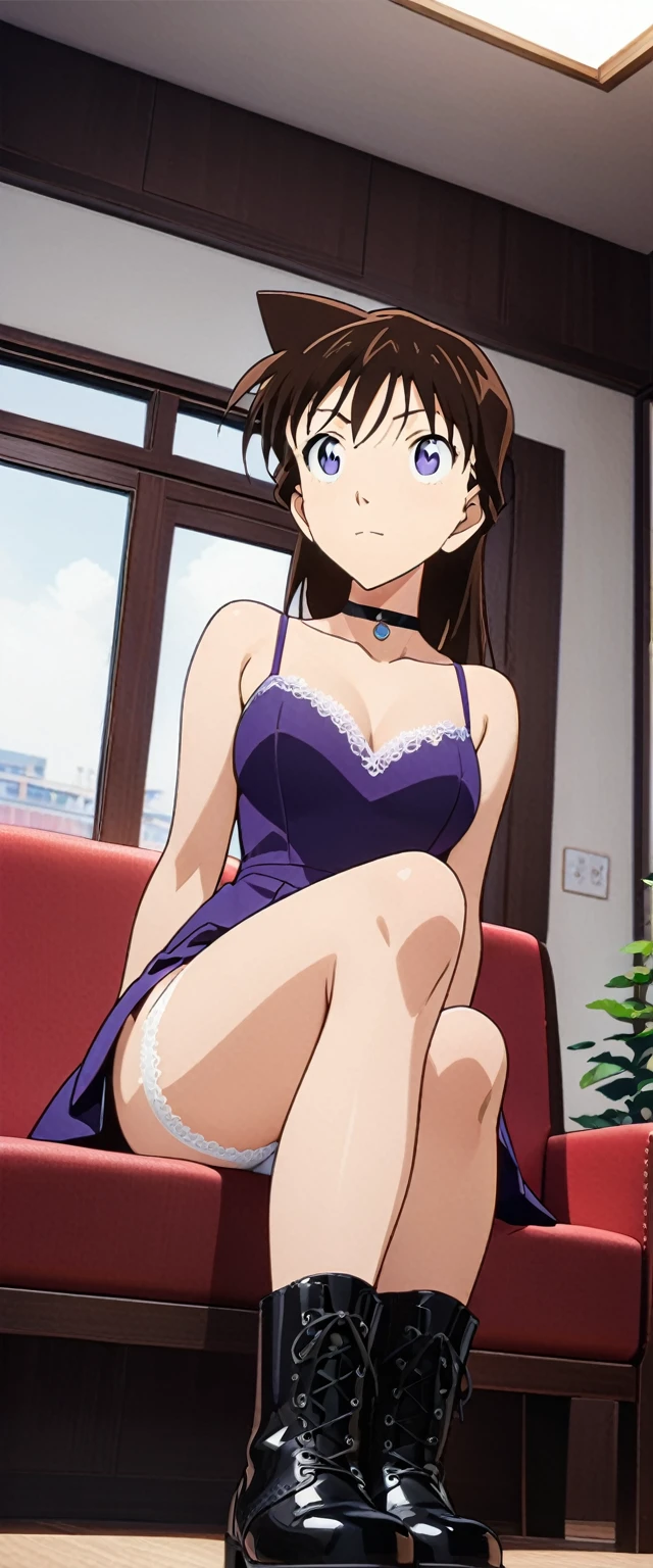 （Brunette，Purple evening dress，8k，Perfect body，Ultra Clear，Highest quality, masterpiece:1.4),(Anime Style:1.37) , photograph, Detailed Background, 1 Girl, (((white lace panties))), boots, Cowboy Shooting, Watching the crowd, A faint smile, Tinnitus, skirt, choker, Best, Sitting, Crossing your legs, From below, On the sofa, window, living room,
