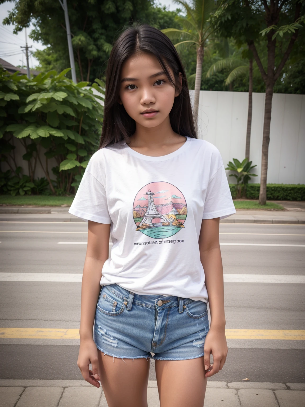 Upper body of a beautiful woman, 18 years old, Indonesian, cheerful, white long T-shirt and denim shorts, sidewalk.