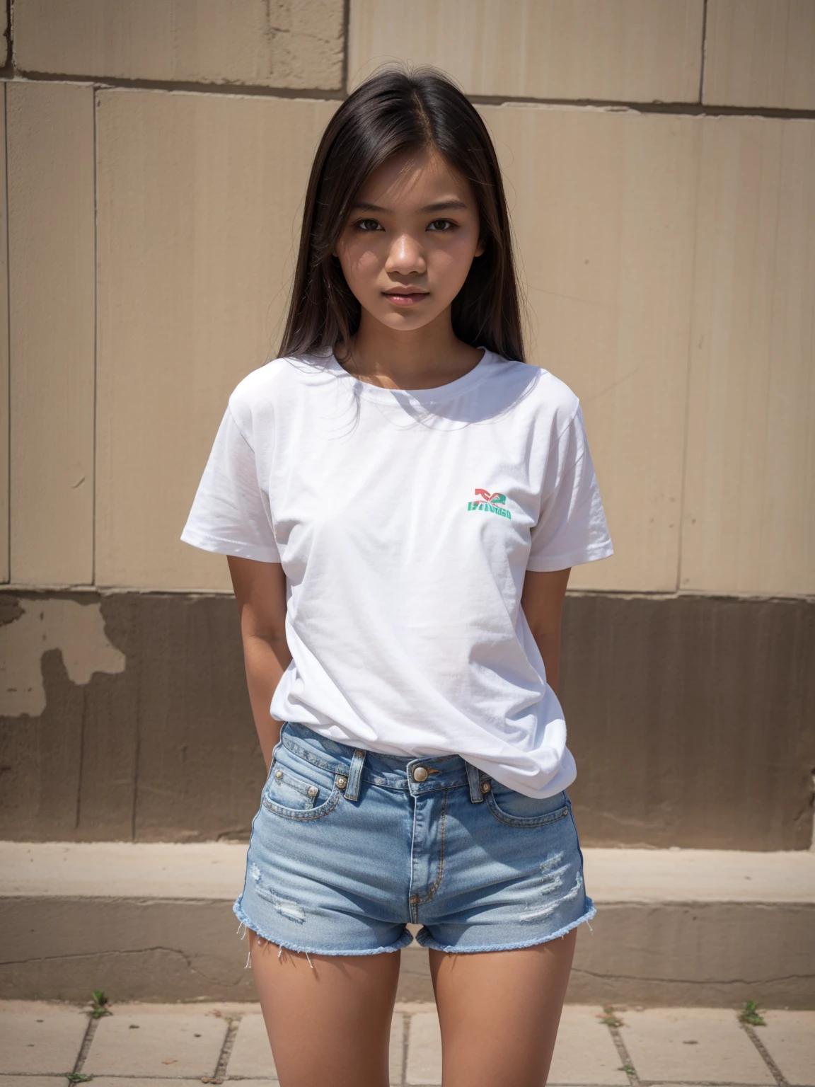 Upper body of a beautiful woman, 18 years old, Indonesian, cheerful, white long T-shirt and denim shorts, sidewalk.