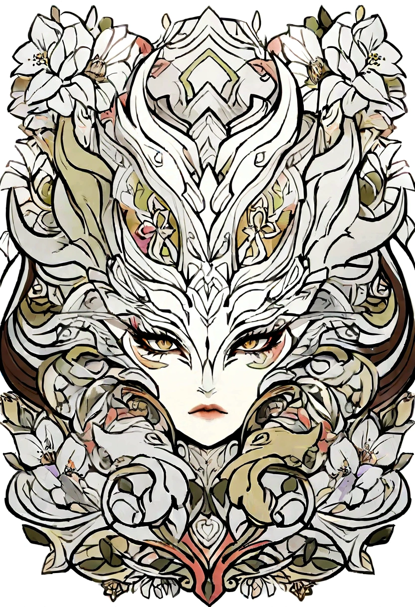 A coloring book design featuring a close-up of a Dragon's face, combined with floral motifs. The design should be simple and clear, with crisp lines suitable for coloring. The style should be black and white, emphasizing thick lines, with no gradients. The composition should artistically integrate the Dragon's face with flowers, creating a balanced and engaging coloring experience. --s 50