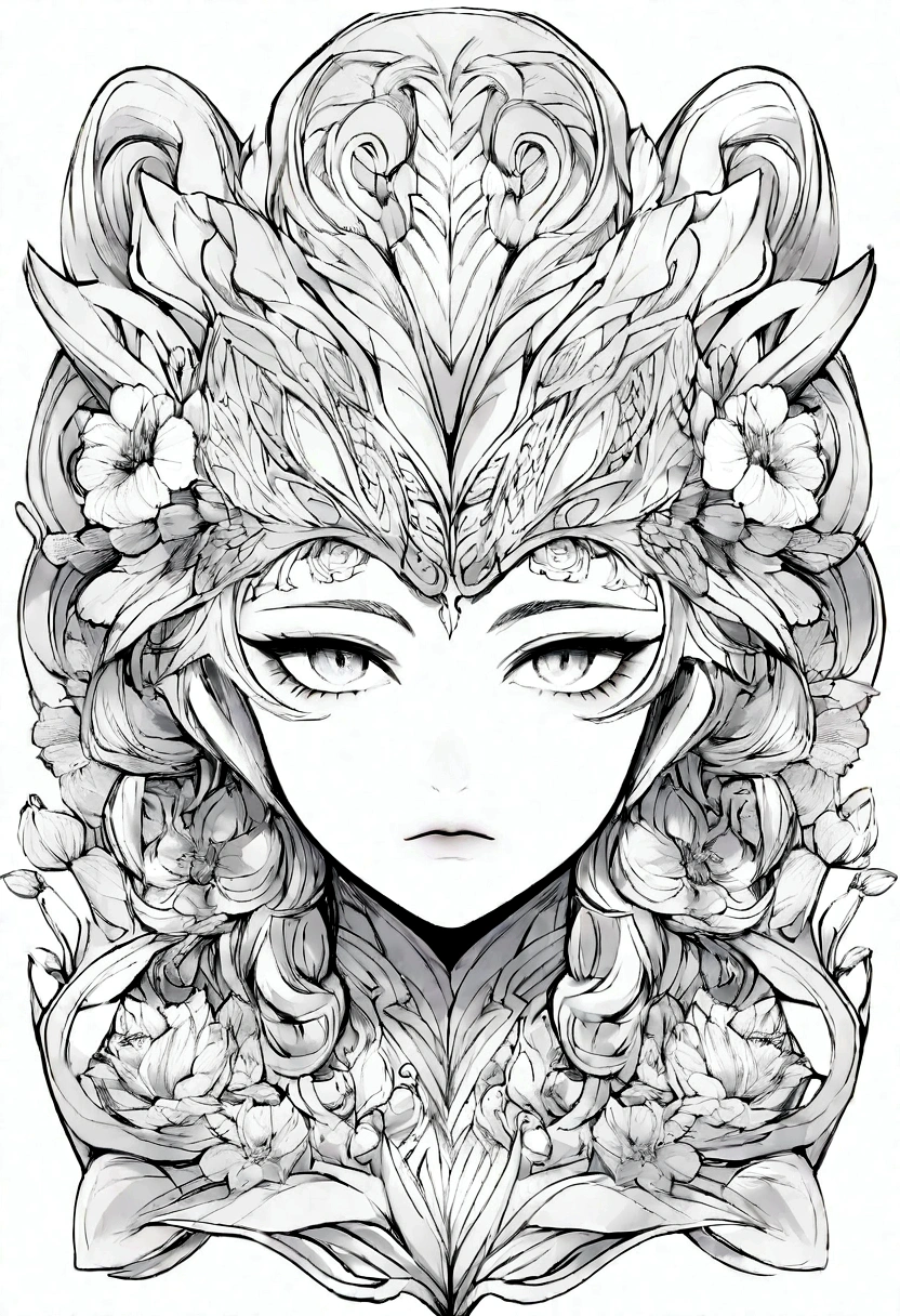 A coloring book design featuring a close-up of a Dragon's face, combined with floral motifs. The design should be simple and clear, with crisp lines suitable for coloring. The style should be black and white, emphasizing thick lines, with no gradients. The composition should artistically integrate the Dragon's face with flowers, creating a balanced and engaging coloring experience. --s 50
