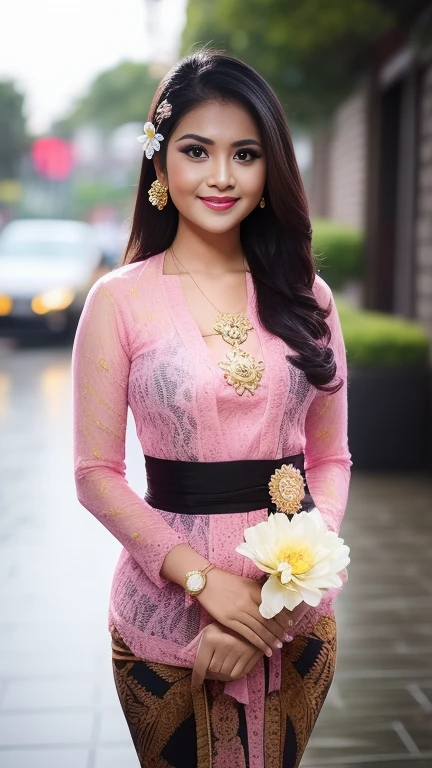 photography, woman,  portrait of woman wearing kebaya_bali in black long kebaya dress traditional, pink lipstick, golden necklace, earrings, ornate, detail, flowers, blurry background, caught in the rain, soft focus