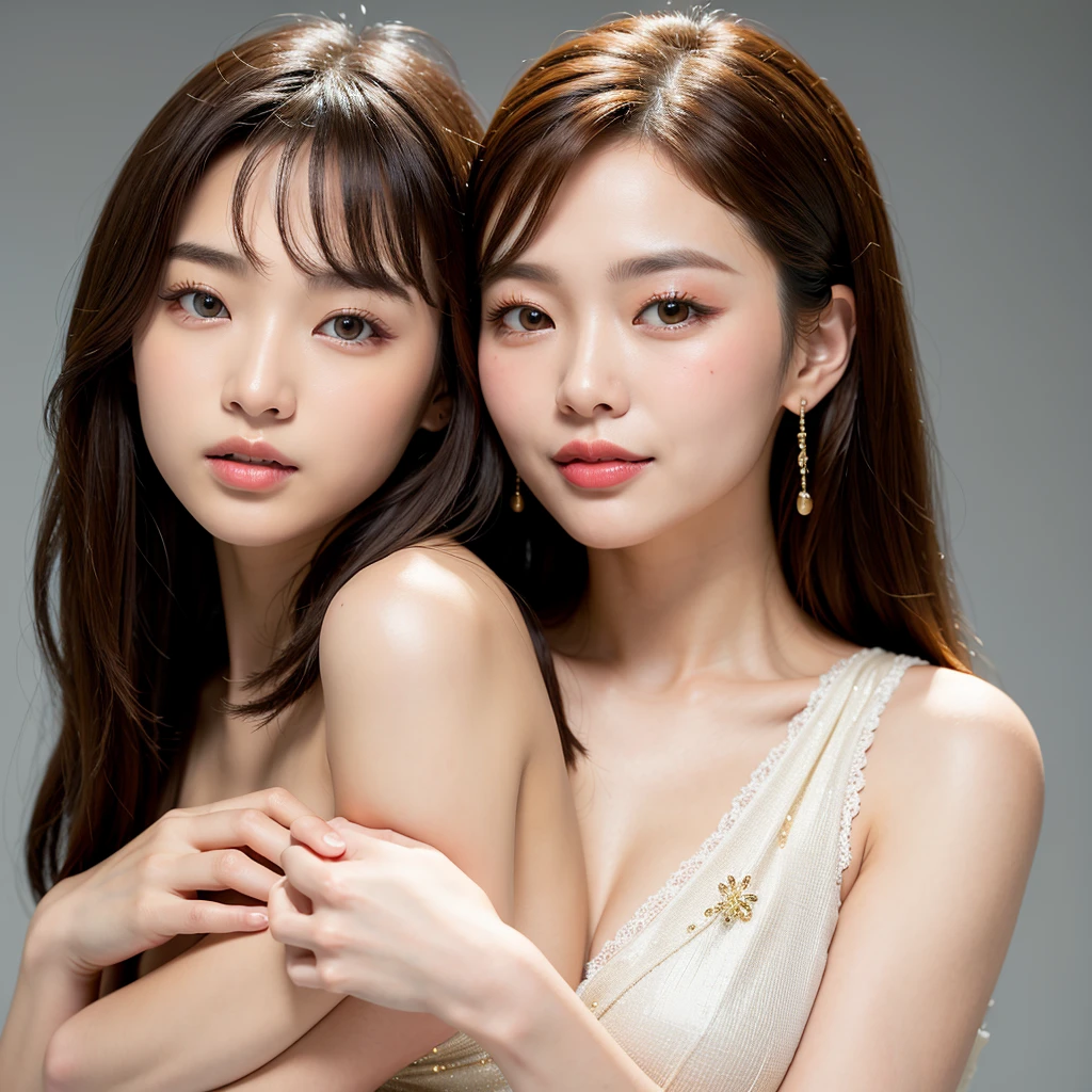 ((masterpiece)), ((Highest quality)), (美しいKorean), Eye for perfect detail, Face in perfect detail, Very elaborate nose, Close your mouth,Long Hair,Cosmetics manufacturer promotion、Perfect Teeth, Bare shoulders, Charm, Perfect Face, Dimples on cheeks, Depth of written boundary, High resolution, ((Real skin texture)), (Well-proportioned hands), Thin lips, Korean,Background is white