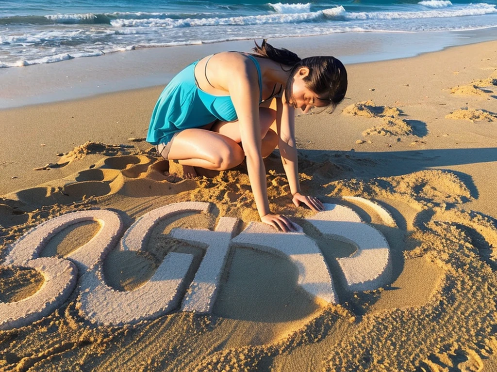 Summer coast、Sandy Beach、Sand letters drawn in the sand、Woman's feet wearing beach sandals、Woman in swimsuit、22 years old、Photorealistic、Normal chest:1.2、