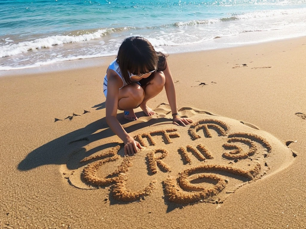 Summer coast、Sandy Beach、Sand letters drawn in the sand、Woman's feet wearing beach sandals、Woman in swimsuit、22 years old、Photorealistic、Normal chest:1.2、