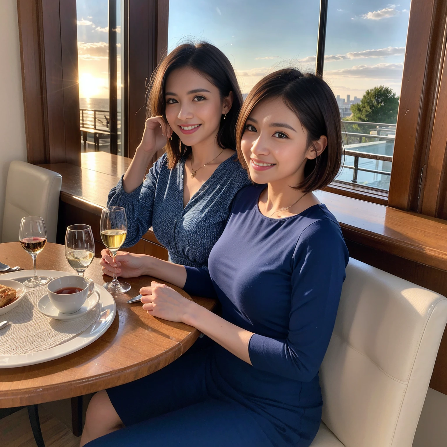 ((Highest quality、8k、masterpiece:1.3))、 (Genuineistic, Genuine、Bright image、Intricate details:1.2), 最高のsmile、1 male 1 female、Beautiful couple、spouse、fiancee、Good friends、actress couple、smile、A full-course dinner with a full table、 (Slim face), (the body is slim), (Brown Hair), (short hair), テーブルのwine glass、Please shine a light on my face、 Amazing view of the sunset sky and clouds、 (42 years old)38 years old, red wine 、Wine bottle、sparkling wine、Long sleeve shirt、Blue Dress、White wine, red wine, wine glass, 