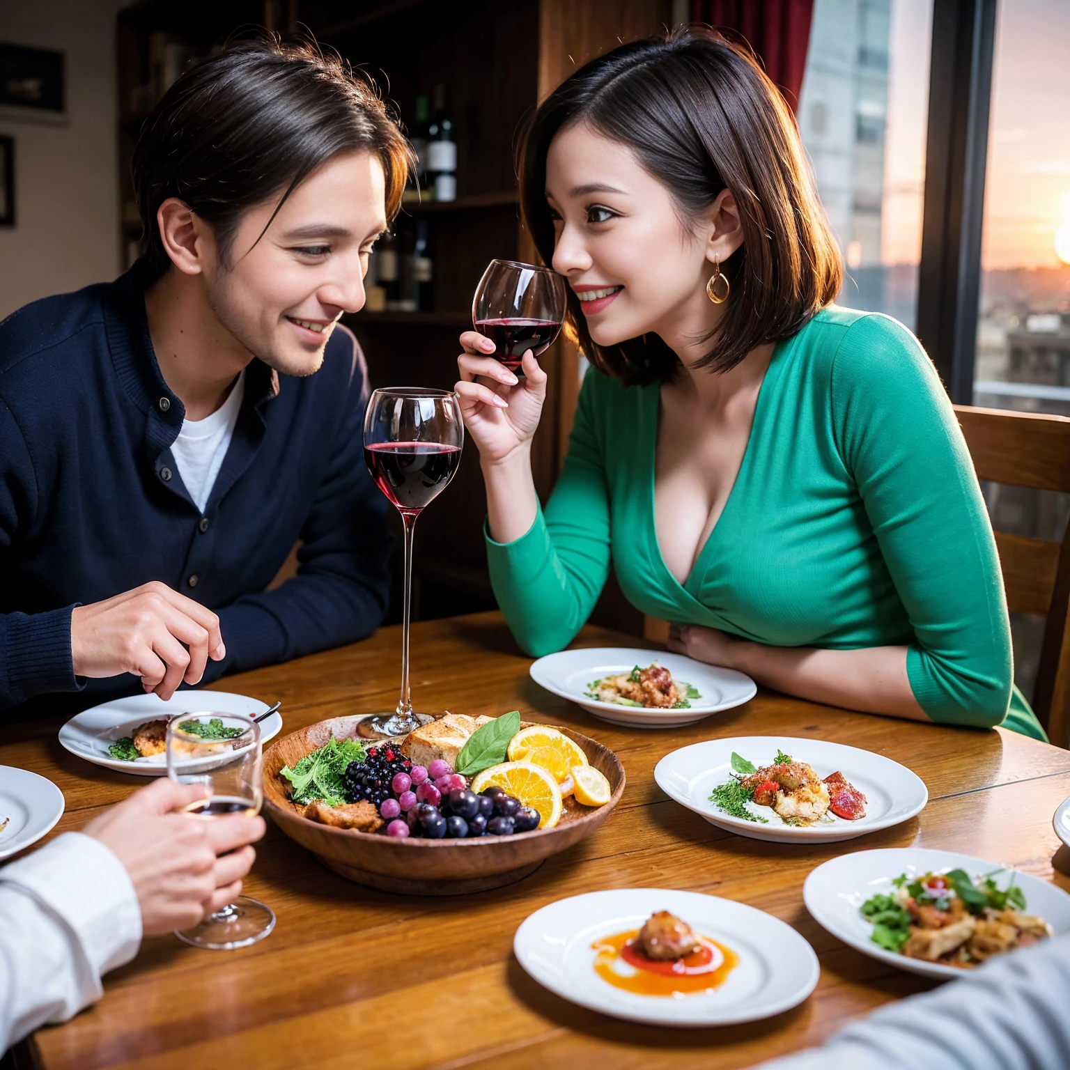 ((Highest quality、8k、masterpiece:1.3))、 (Genuineistic, Genuine、Bright image、Intricate details:1.2), 最高のsmile、1 male 1 female、Beautiful couple、spouse、fiancee、Good friends、actress couple、smile、A full-course dinner with a full table、 (Slim face), (the body is slim), (Brown Hair), (short hair), テーブルのwine glass、Please shine a light on my face、 Amazing view of the sunset sky and clouds、 (42 years old)38 years old, red wine 、Wine bottle、sparkling wine、Long sleeve shirt、Blue Dress、White wine, red wine, wine glass,