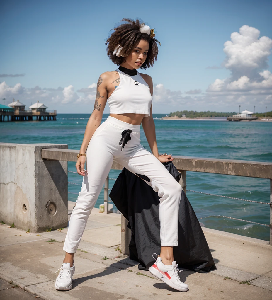 A Pier brunette girl with afro hair, a two-piece set, black top, white pants, black tennis shoes, complete with jewelry.