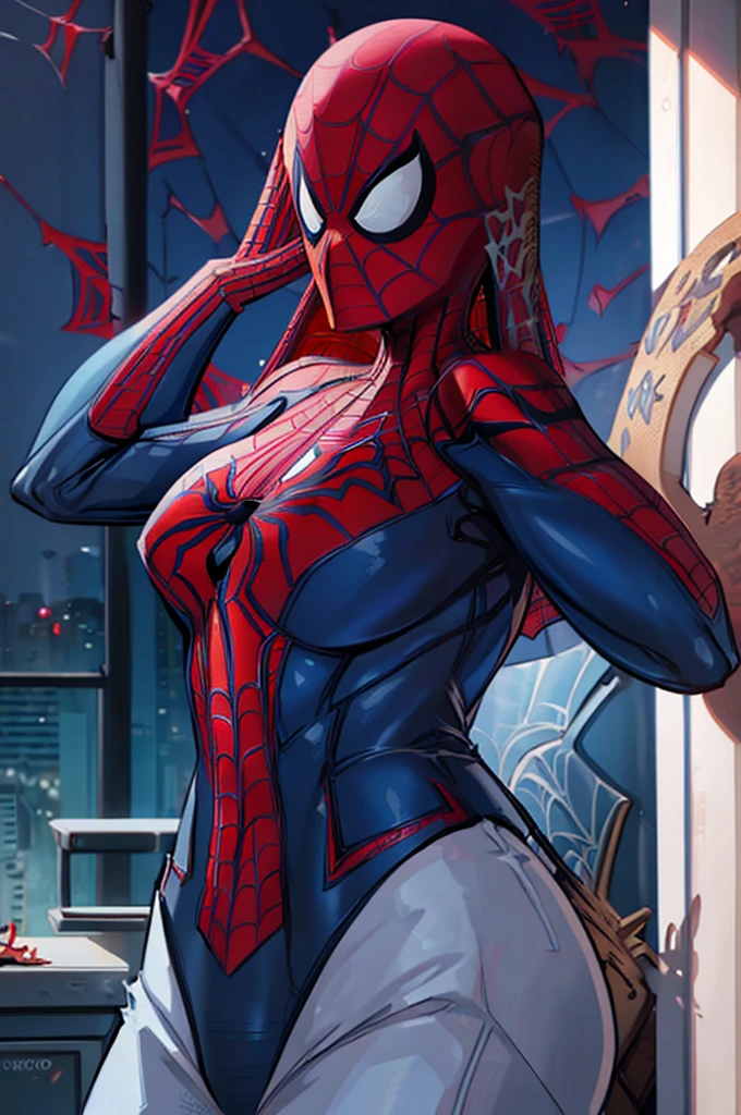 a mid shot of Mary Jane Watson (wearing a tight spider-man costume:1.4), (dressed as spider-man:1.4), (redhead, ginger, big green eyes), beautiful, gorgoues face, big pink lips, cheekbones, snokey eyes, freckled, sharp nose, jawline, skinny, slender, slim, ((ultra realistic)), (highly detailed face, big fake lips), beautiful lighting, smooth skin, bright image, bright colours, (hyperreal, realism), posing seductively