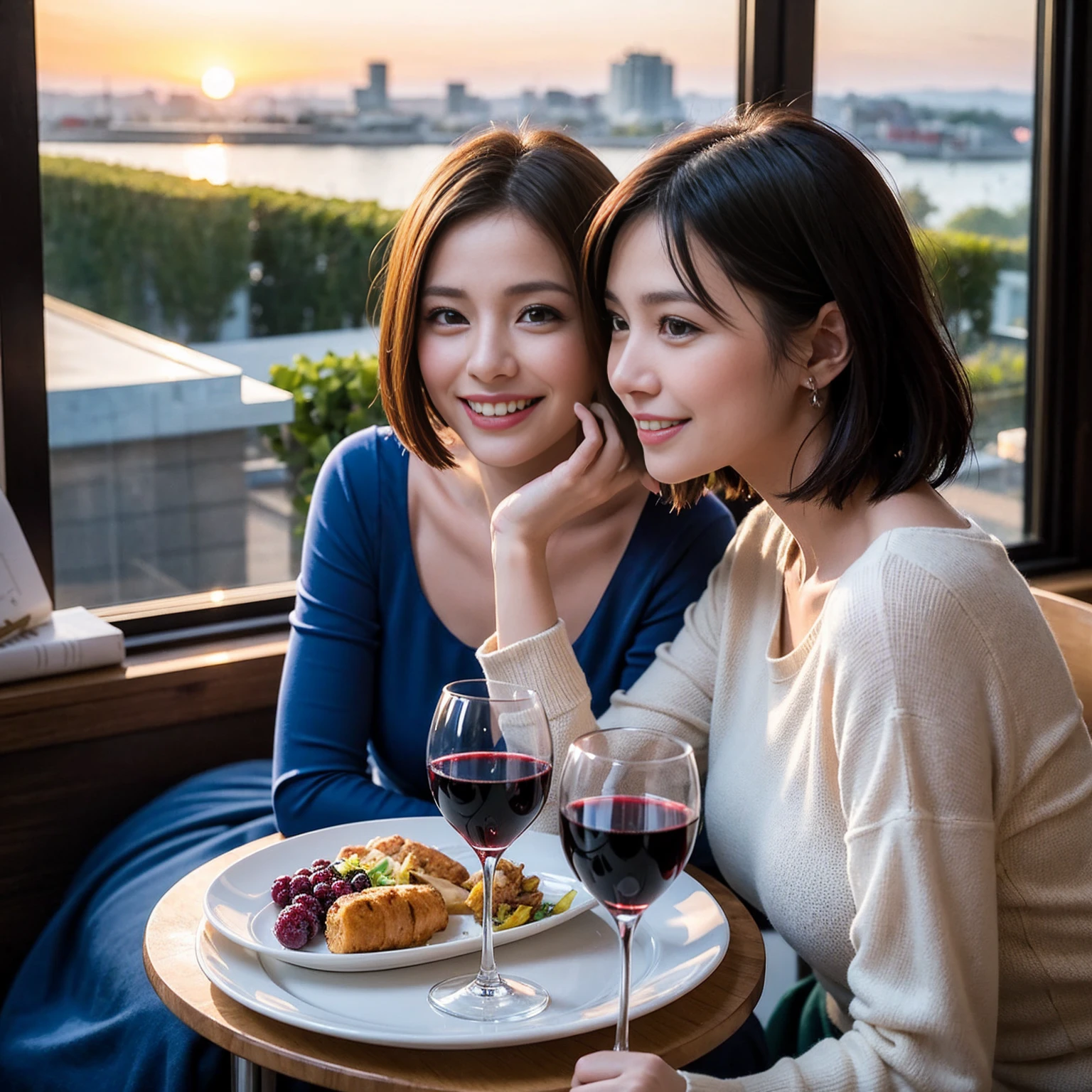 ((Highest quality、8k、masterpiece:1.3))、 (Genuineistic, Genuine、Bright image、Intricate details:1.2), 最高のsmile、1 male 1 female、Beautiful couple、spouse、fiancee、Good friends、actress couple、smile、A full-course dinner with a full table、 (Slim face), (the body is slim), (Brown Hair), (short hair), テーブルのwine glass、Please shine a light on my face、 Amazing view of the sunset sky and clouds、 (42 years old)38 years old, red wine 、Wine bottle、sparkling wine、Long sleeve shirt、Blue Dress、White wine, red wine, wine glass, 