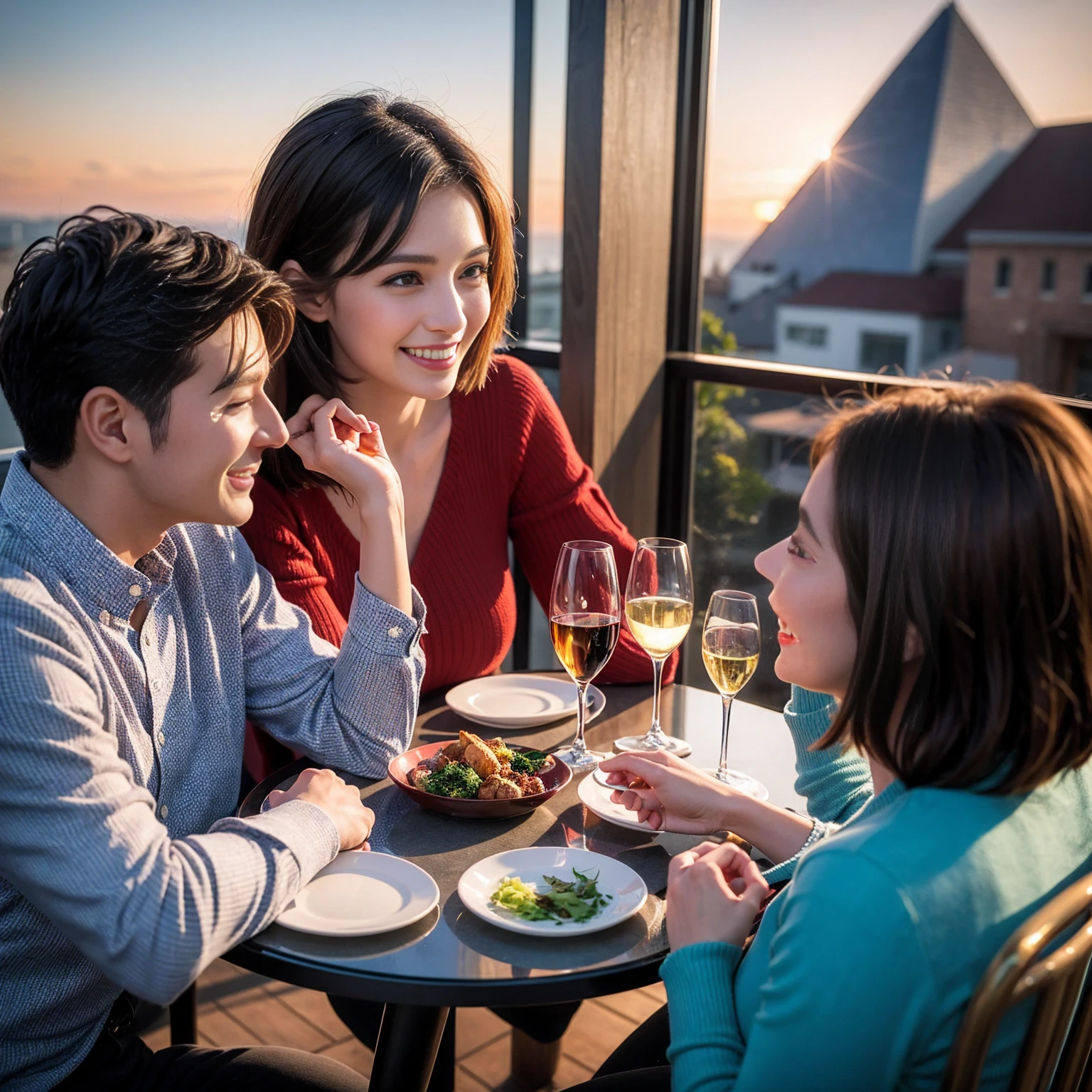 ((Highest quality、8k、masterpiece:1.3))、 (Genuineistic, Genuine、Bright image、Intricate details:1.2), 最高のsmile、1 male 1 female、Beautiful couple、spouse、fiancee、Good friends、actress couple、smile、A full-course dinner with a full table、 (Slim face), (the body is slim), (Brown Hair), (short hair), テーブルのwine glass、Please shine a light on my face、 Amazing view of the sunset sky and clouds、 (42 years old)38 years old, red wine 、Wine bottle、sparkling wine、Long sleeve shirt、Blue Dress、White wine, red wine, wine glass,