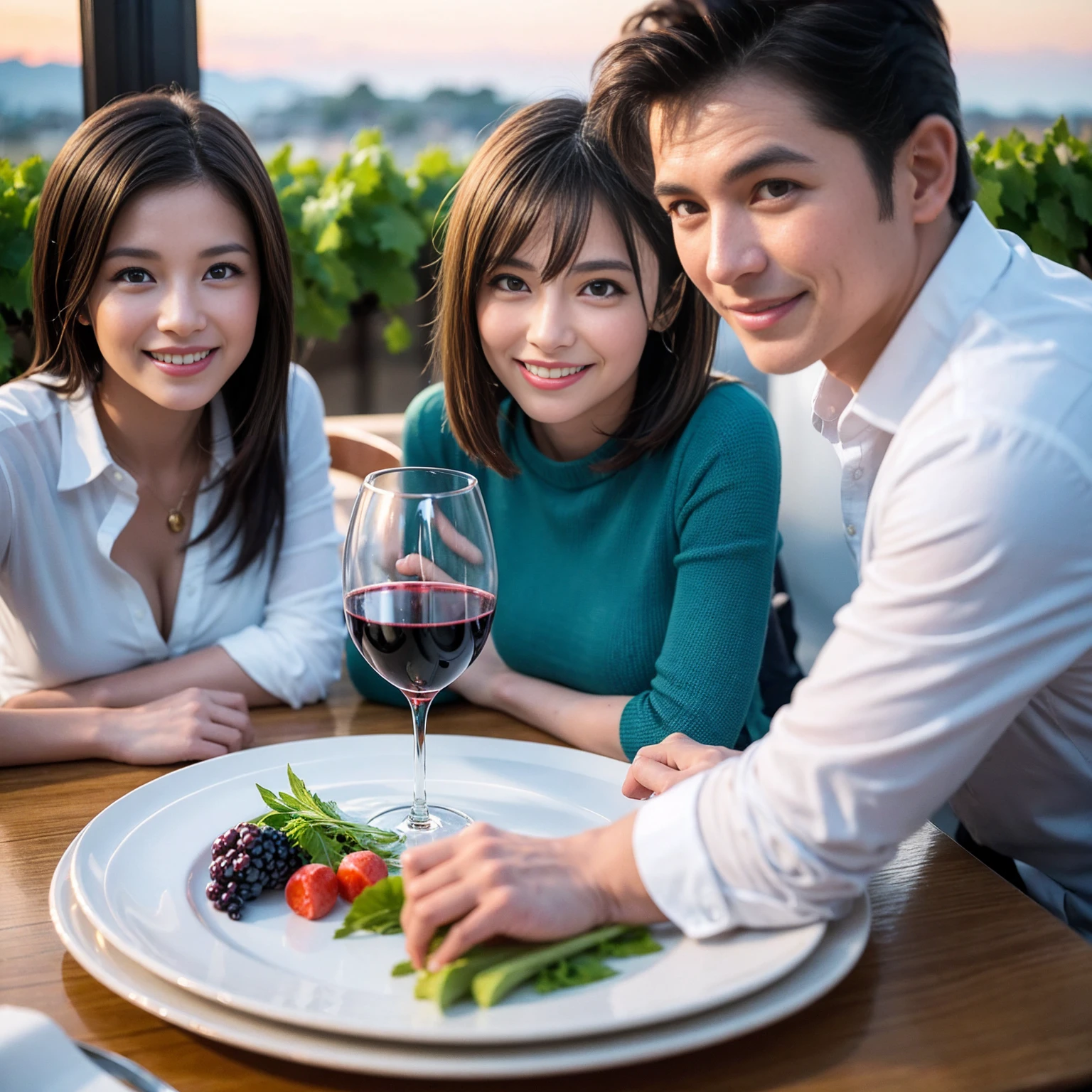 ((Highest quality、8k、masterpiece:1.3))、 (Genuineistic, Genuine、Bright image、Intricate details:1.2), 最高のsmile、1 male 1 female、Beautiful couple、spouse、fiancee、Good friends、actress couple、smile、A full-course dinner with a full table、 (Slim face), (the body is slim), (Brown Hair), (short hair), テーブルのwine glass、Please shine a light on my face、 Amazing view of the sunset sky and clouds、 (42 years old)38 years old, red wine 、Wine bottle、sparkling wine、Long sleeve shirt、Blue Dress、White wine, red wine, wine glass,