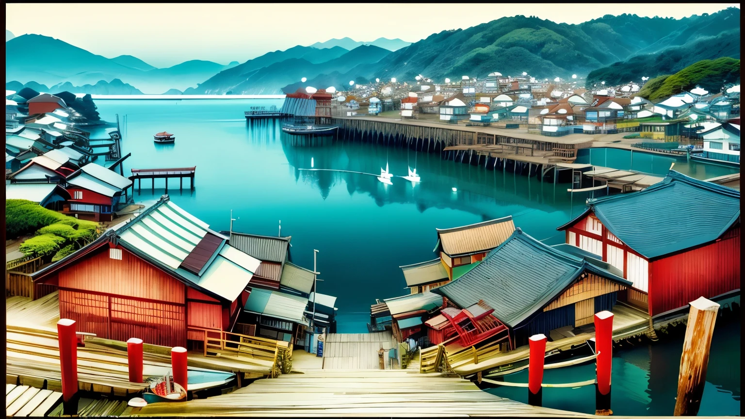 ((Different world scene,seasidepier,Japan,pier,Many small boats,Fishing Village)),Torii,seaside,pier,Wooden boat,Japanese style wooden house,Village