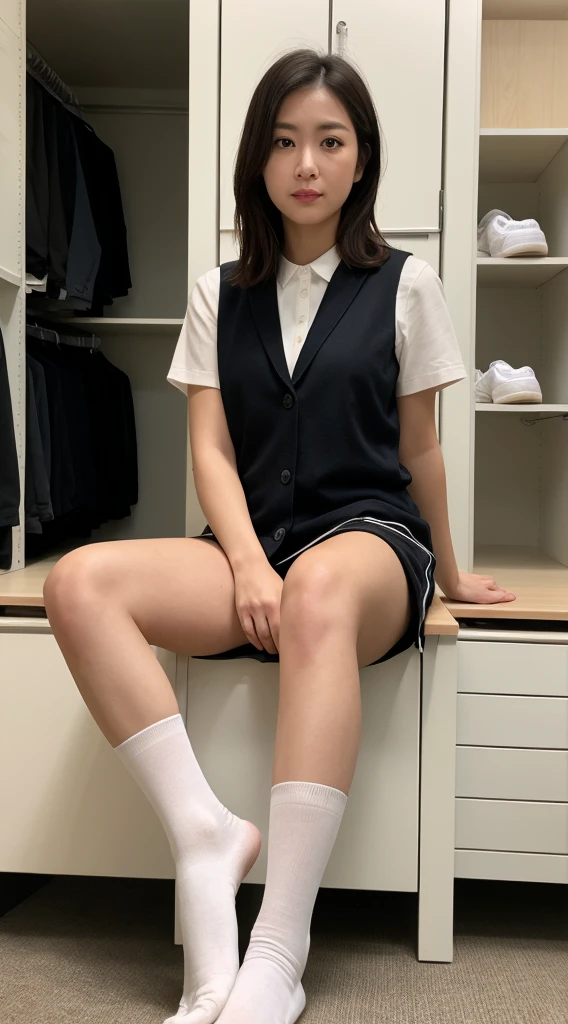 run-6500-v1.1,(RAW Photos:1.2),(Realistic),(Genuine:1.4).
1 Girl、Perfect Anatomy、 30 years old、Looking into the camera。White socks below the knee are beautiful、Medium Long Hair、Plaid vest、((Change clothes in the locker room:1.3))・(Try on ultra-realistic black knee-length socks:The socks have a Nike logo:
1.2),(High heels)、(Business services)、Asian Eyes Ella、Wearing nice white socks below the knee、Wearing white Nike socks、Highlighted with white knee-length socks featuring the Nike logo、Black Nike logo on socks、The socks always have one black NIKE logo visible, and there are two pairs of socks on each foot.。
Black Loafers