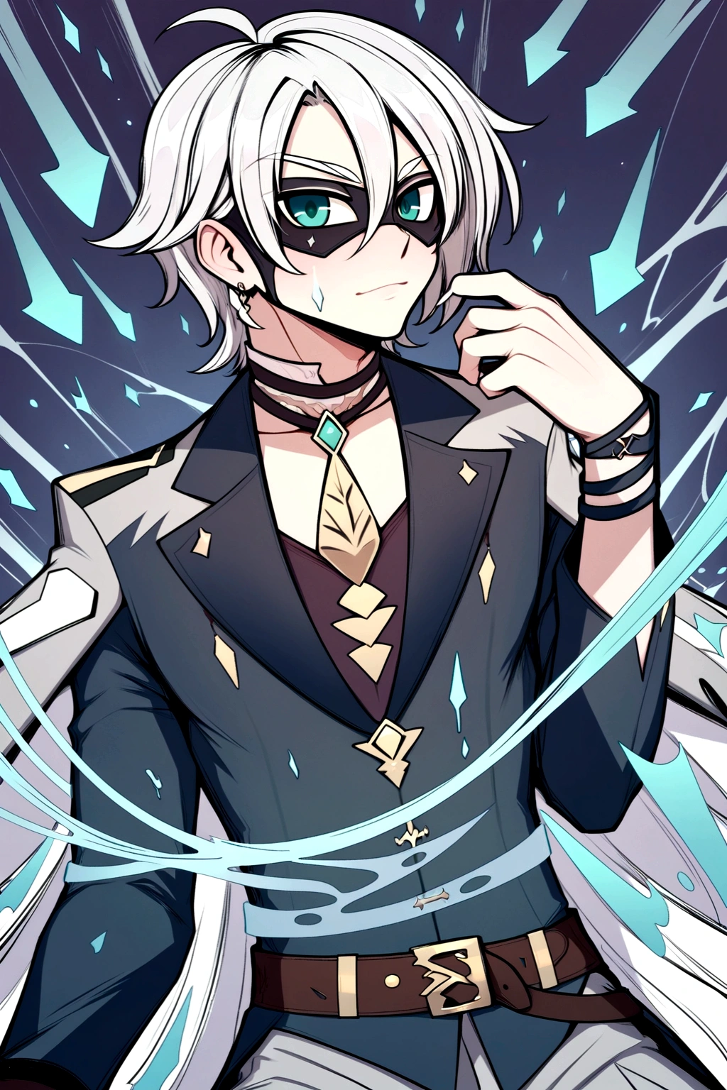 He gives people a sense of authority and power.. His striking appearance, From his white hair to his black clothes,Then the mysterious eye mask, This made him .. He stood there in a typical teacher's posture