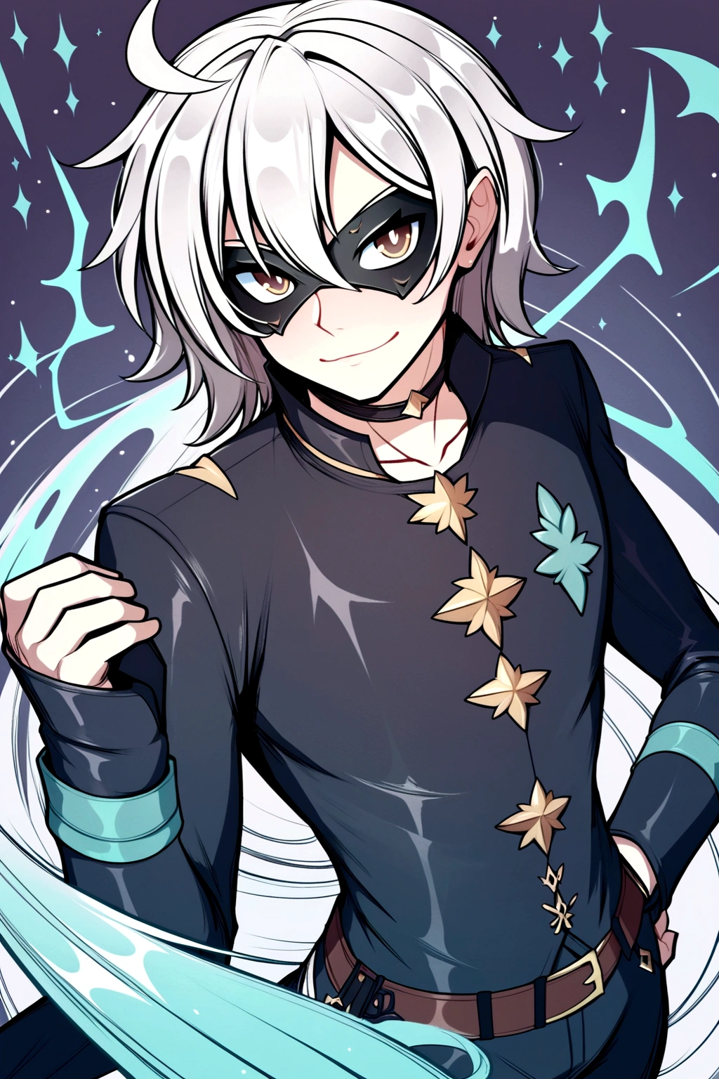 He gives people a sense of authority and power.. His striking appearance, From his white hair to his black clothes,Then the mysterious eye mask, This made him blind.. He stood there in a typical teacher's posture