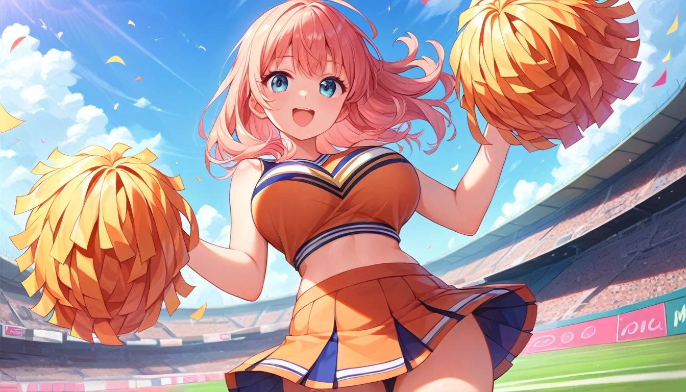 ((1girl:1.3)), ((moe style:1.3)), ((cheerleader:1.3)), ((waving at viewer:1.3)), ((ground shot:1.3)), ((large breasts:1.3)), ((centerfold:1.3)), ((extremely feminine:1.3)), perfect hands, ((perfect face)), ((extremely cute:1.3)), ((masterpiece)), ((8k)), ((best quality)), ((beautiful)), ((extremely detailed:1.3)) , ((absurdres)), AddXL, ((score_9:1.3)), ((score_8_up:1.3)), ((score_7_up:1.3)),
