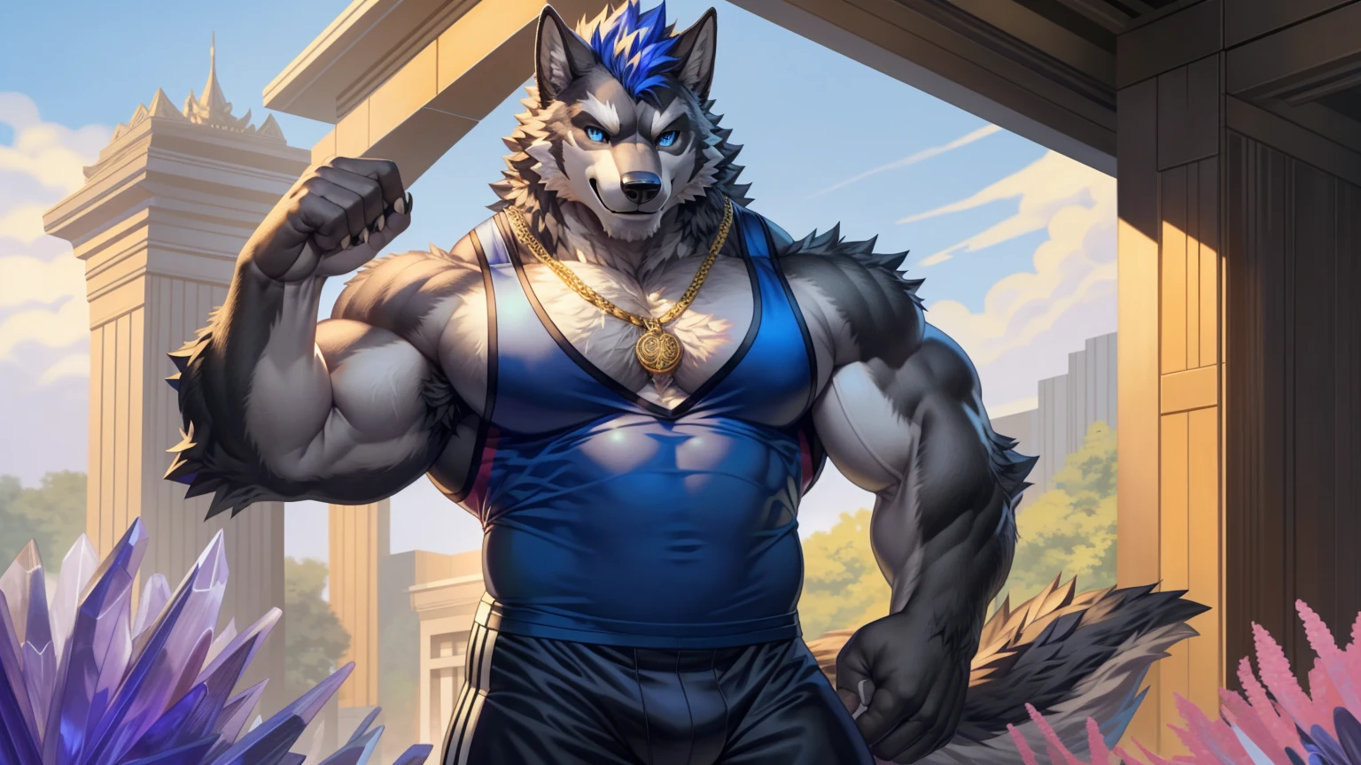 Solitary,anthropology,hairy,hairy male, Wolf, ((Fluffy fur,Fluffy,hairy body)), (Gray black fur, ancient Wolf print), (Gray and black body), Gray Mohawk, blue eyes, Messy short hair, Tail, Blue Hair, sky blue eyes, deTailed Fluffy fur, Black sports vest, deTailed face, deTailed eyes, Dark blue shorts, Phnom Penh, Gold trim, Black vest, crest, Necklace, crystal, Blue Pendant, deTailed clothes, shirt, deTailed tank top, Tight shorts, Metal collar, GoldBelt, White muzzle, whole body, muscular, Outdoor Fantasy, (author:null-ghost, by raccoon21, masterpiece, high quality,high resolution,8k Yes), permanent,Close-up portraits, Looking at the audience, indoor, lamp, Happy expression, Smile, Dark Shadows, Flowers, posture, Fitness Equipment, sunny,
