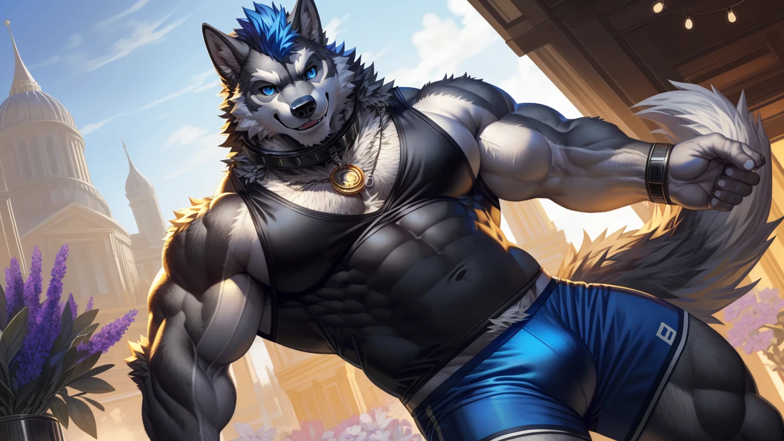 Solitary,anthropology,hairy,hairy male, Wolf, ((Fluffy fur,Fluffy,hairy body)), (Gray black fur, ancient Wolf print), (Gray and black body), Gray Mohawk, blue eyes, Messy short hair, Tail, Blue Hair, sky blue eyes, deTailed Fluffy fur,  Black sports vest, deTailed face, deTailed eyes, Dark blue shorts, Phnom Penh, Gold trim, Black vest, crest, Necklace, crystal, Blue Pendant, deTailed clothes, shirt, deTailed tank top, Tight shorts, Metal collar, GoldBelt, White muzzle, whole body, muscular, Outdoor Fantasy, (author：null-ghost, by raccoon21, masterpiece, high quality,high resolution,8k Yes), permanent,Close-up portraits, Looking at the audience, indoor, lamp, Happy expression, Smile, Dark Shadows, Flowers, posture, Fitness Equipment, sunny,
