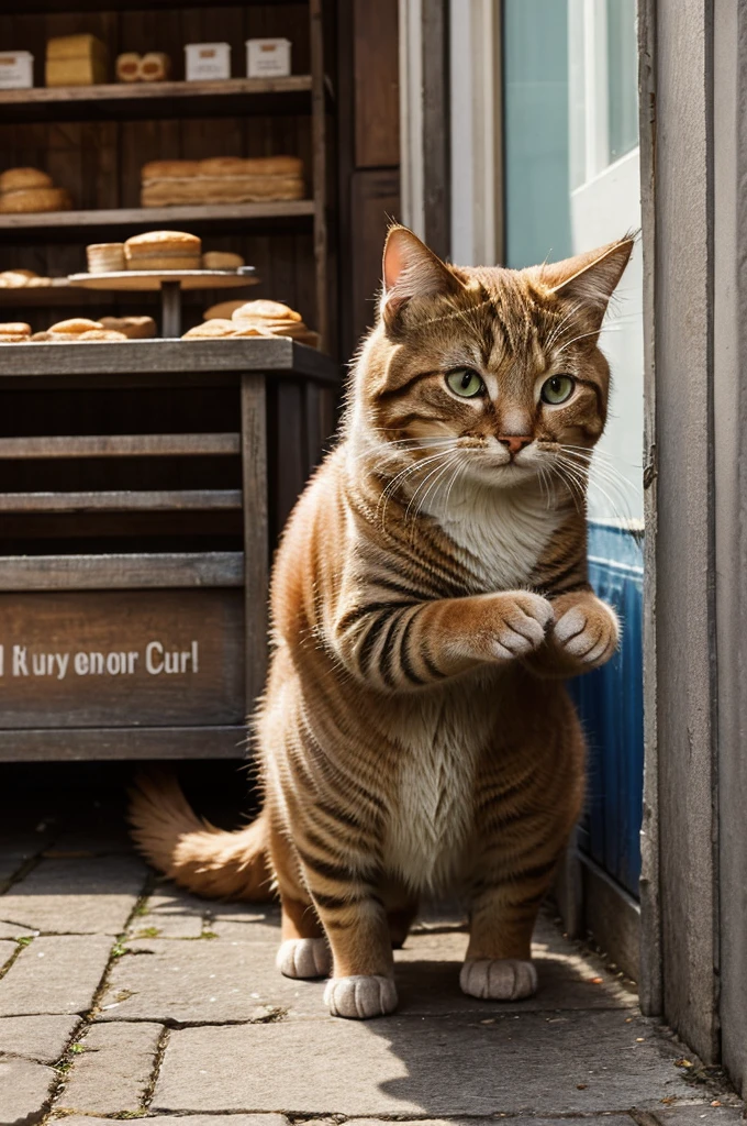 "Once upon a time, in a cozy little village, there lived a hungry cubby cat named Whiskers. Every day, Whiskers would wander the streets, hoping to find a delicious meal. One sunny afternoon, Whiskers stumbled upon a hidden alley with the most incredible smell. Curiosity piqued, he followed his nose to a small bakery where fresh fish pies were cooling on the windowsill. Just as he was about to sneak a bite, the baker spotted him. But instead of shooing him away, the kind baker offered Whiskers a whole fish pie! From that day on, Whiskers visited the bakery daily, not just for the pies, but for the friendship that filled his heart as much as the tasty treats filled his belly."
