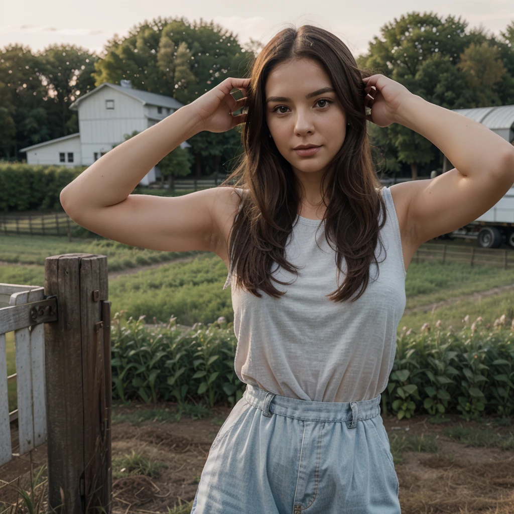 1girl in, 30 years old, Square face, Long hair, Looking at viewer, jewelry, Realistic, Sexy, farm outfit, farm background, free upper body pose