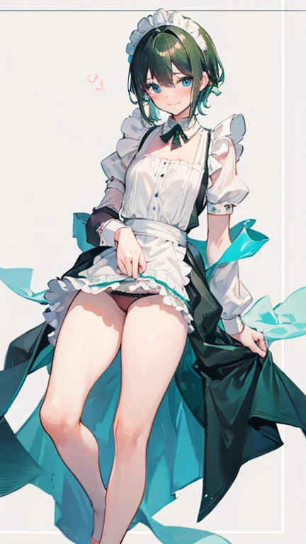 masterpiece full body,(Maid clothes:1.3),skirt lift by myself,showing panties ,shy, blush,dark green medium hair,otoko no ko,male focus,1boy,solo,looking at viewer,smile,hair between eyes, simple background,blue eyes