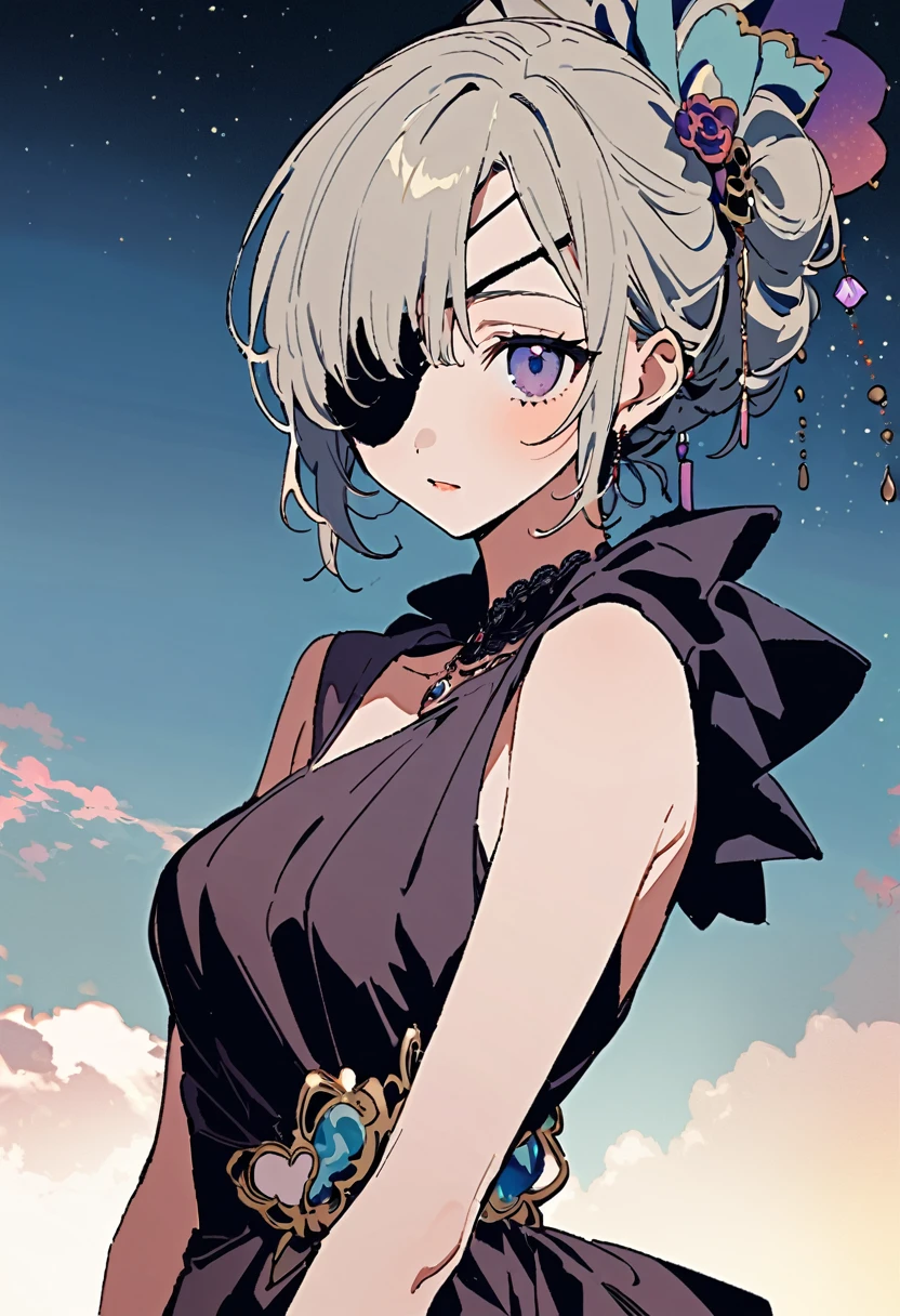 masterpiece, Highest quality, Illustration of the novel, High resolution, 18+ Adult content, Sensual, Intimate, Emotional, Passionate, romantic, sweet, Adorable, Innocent, Pure, charmな, charmな, charm, mysterious, charmな, charmな, Immersive, charmな, dream-like, Surreal, Imaginative, Whimsical, Artistic, Avant-garde, timeless, elegant, Sophisticated, chic, Sophisticated, Personality, original, charmな,((Evening Dress.Dress,Evening Dresses:1.3)),((Eye patch:1.3))、((Upper Body:1.3))