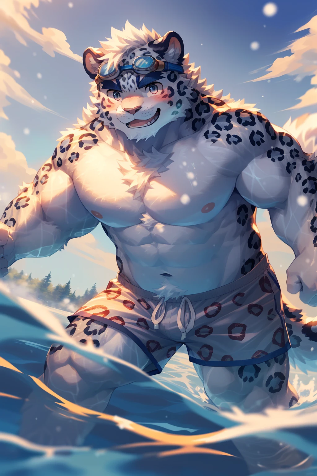 (Vision:1.5), solitary, anthropology, hairy, hairy male, snow leopard, ((Fluffy fur, Fluffy, hairy body)), (snow leopard print), (Thick eyebrows), youth, muscular, White and big skin, Blue-gray pupils, Detailed teeth, defaced face, fundos, swimmer, Purple grey swimming trunks, pink tit cluster, Small bump, Dipping in the 湖, He is playing water polo, Swimming goggles, Shy expression, A faint smile, blush, (Dynamic poses:1.5), Clear facial features, Strong, majestic, solitary, panoramic, Fog atmosphere, early morning, Tyndall light effect, lake, (By Empty Ghost, From snow leopard20, masterpiece, high quality, high resolution,8K)