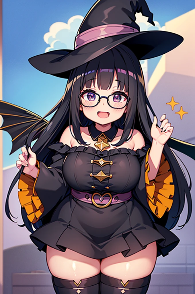 最high quality, high quality, 8k、High resolution,Highest quality、solo、Open Mouth Smile、A fat girl in black clothes with a black hat and glasses, Flirty Anime Witch, A strong and plump female magician, Black boots, chic, Anime Moe Art Style, Cute Witch, I also make fan art, Sky Witch