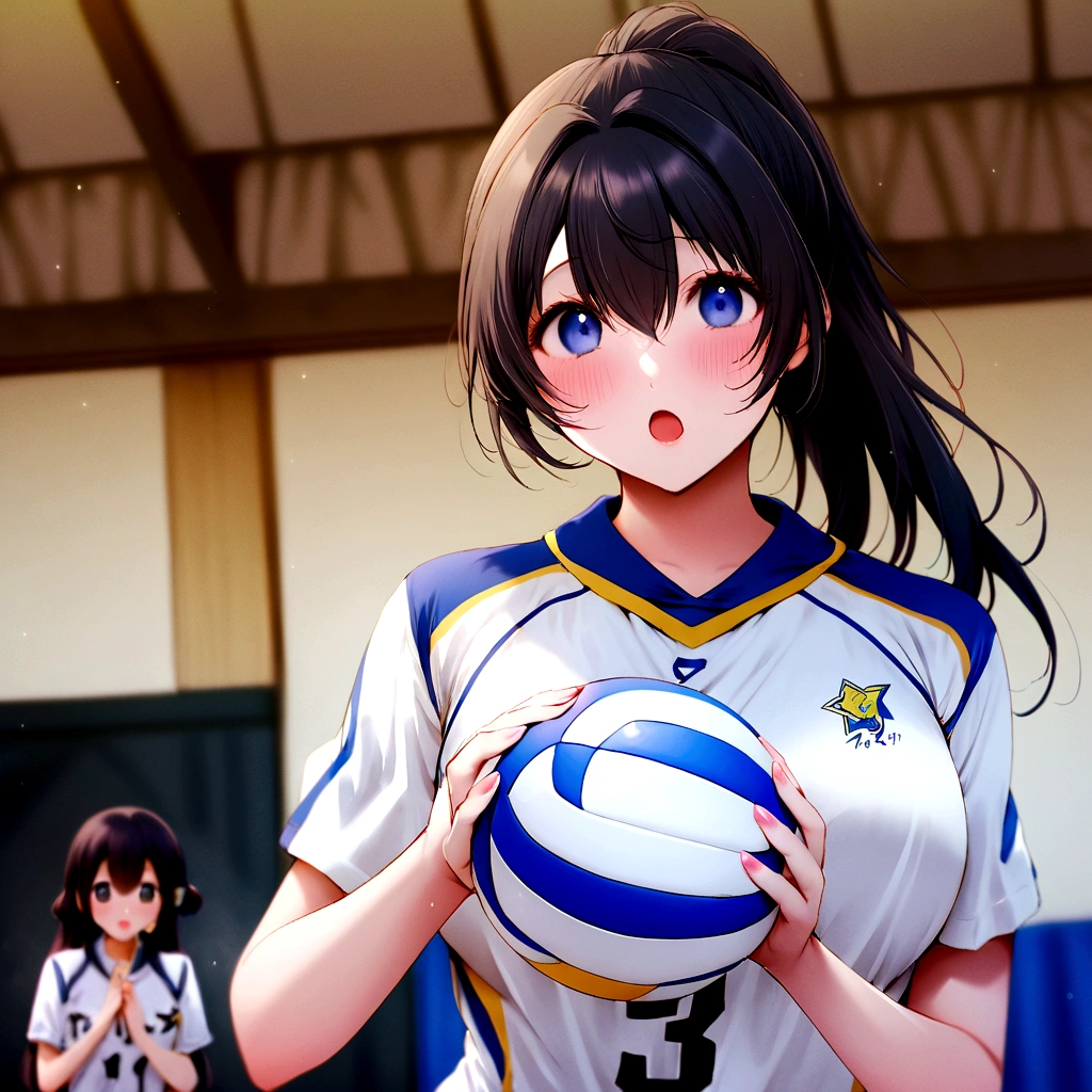 there is a woman holding a volleyball ball in a gym, wearing a volleyball jersey, mayuri shiina, realistic Young Gravure Idol, volleyball, sakimichan HDRI, Young Gravure Idol, Young and sexy gravure idol, Yoshitomo Nara, Young and cute gravure idol, Kotegawa Yui, For whom?