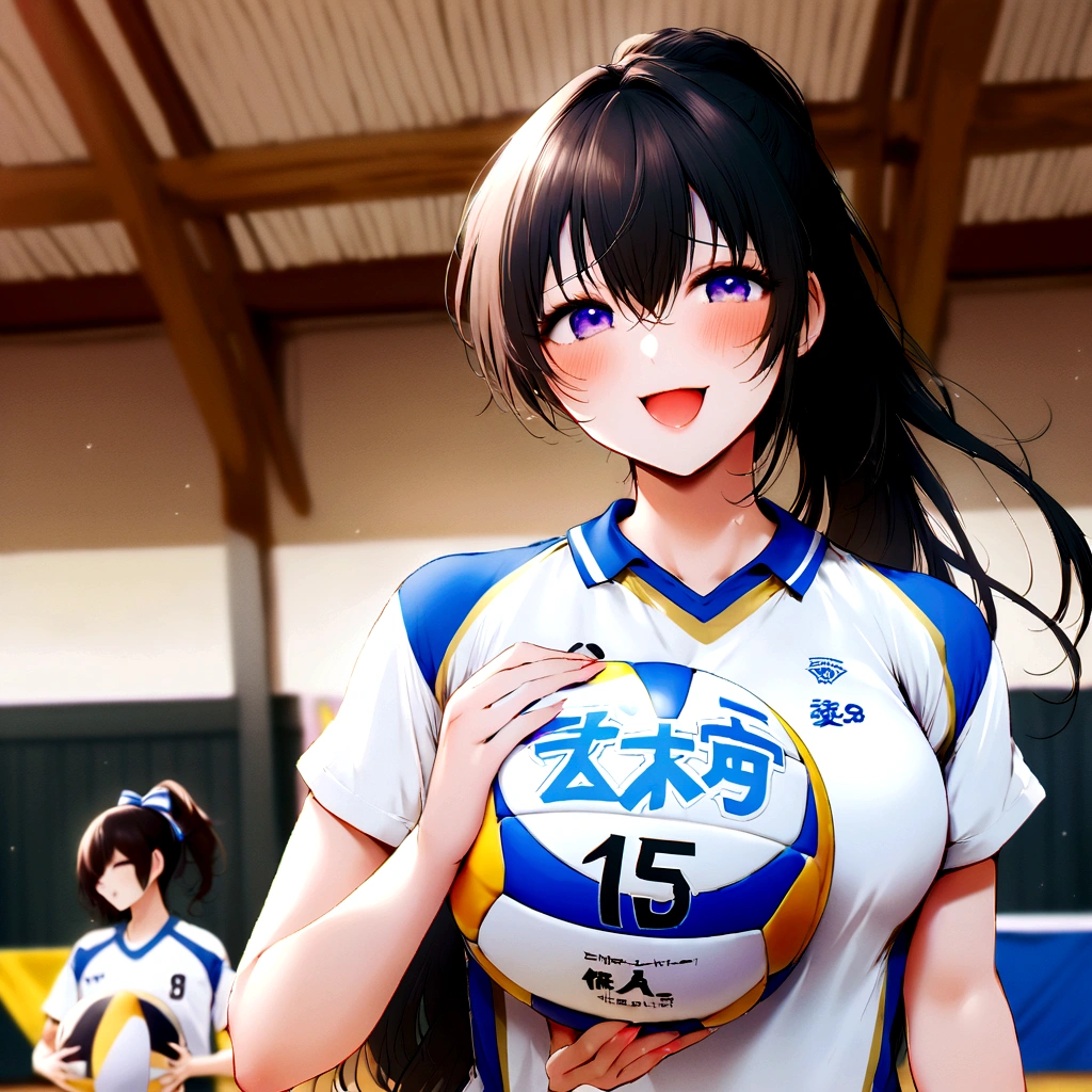 there is a woman holding a volleyball ball in a gym, wearing a volleyball jersey, mayuri shiina, realistic Young Gravure Idol, volleyball, sakimichan HDRI, Young Gravure Idol, Young and sexy gravure idol, Yoshitomo Nara, Young and cute gravure idol, Kotegawa Yui, For whom?