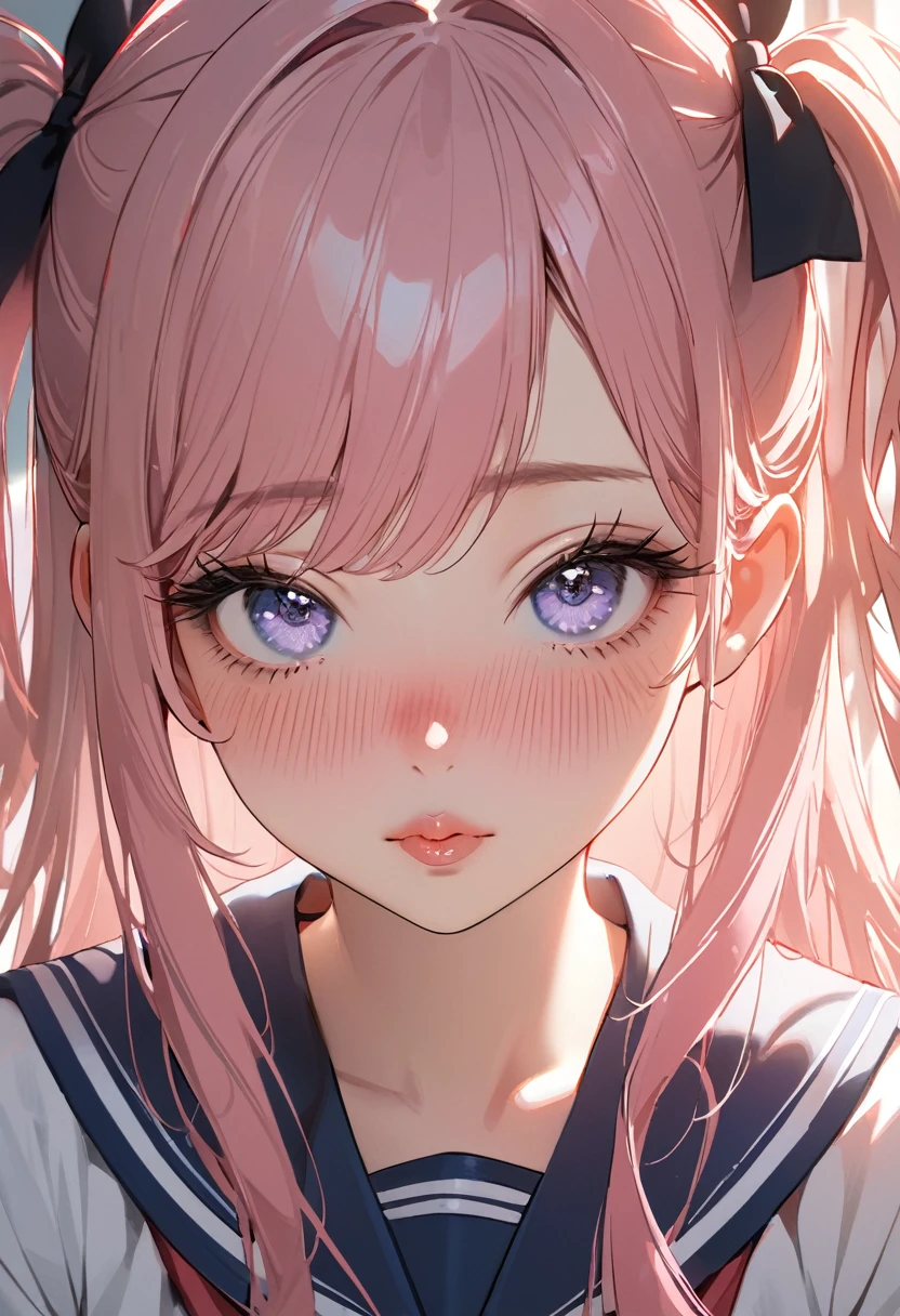 (8K, best quality, master piece: 1.2), super high resolution,1 girl,solo,ultra-detailed face,detailed eyes,gradient eyes,Long eyelashes,pink hair,Long Hair,two side up,kissing viewer,puffy lips,nose blush,Sailor suit, large breasts,Give an air hug,Portrait,Rim Light,classroom
