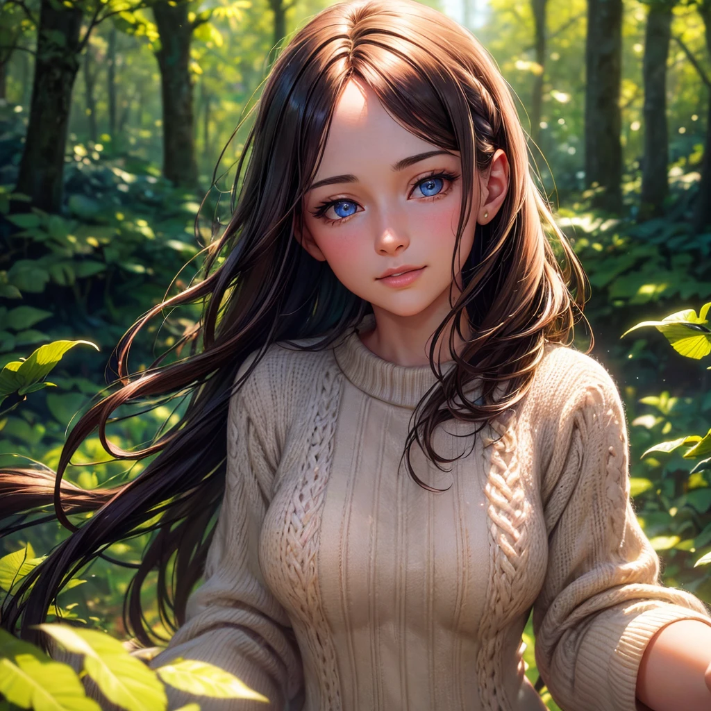a beautiful woman with long brown hair, stunning blue eyes, and a warm smile, wearing a cozy knitted sweater, standing in a lush green park surrounded by tall trees, facing the camera with a confident and serene expression, (best quality,4k,8k,highres,masterpiece:1.2),ultra-detailed,(realistic,photorealistic,photo-realistic:1.37),HDR,UHD,studio lighting,ultra-fine painting,sharp focus,physically-based rendering,extreme detail description,professional,vivid colors,bokeh,portrait,photography,rich colors,hyper realistic,lifelike texture,natural lighting,trending on artstation,cinestill 800,(100mm lens)