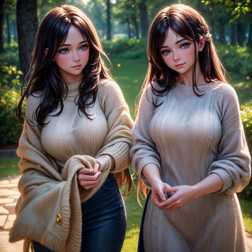 a beautiful woman with long brown hair, stunning blue eyes, and a warm smile, wearing a cozy knitted sweater, standing in a lush green park surrounded by tall trees, facing the camera with a confident and serene expression, (best quality,4k,8k,highres,masterpiece:1.2),ultra-detailed,(realistic,photorealistic,photo-realistic:1.37),HDR,UHD,studio lighting,ultra-fine painting,sharp focus,physically-based rendering,extreme detail description,professional,vivid colors,bokeh,portrait,photography,rich colors,hyper realistic,lifelike texture,natural lighting,trending on artstation,cinestill 800,(100mm lens)