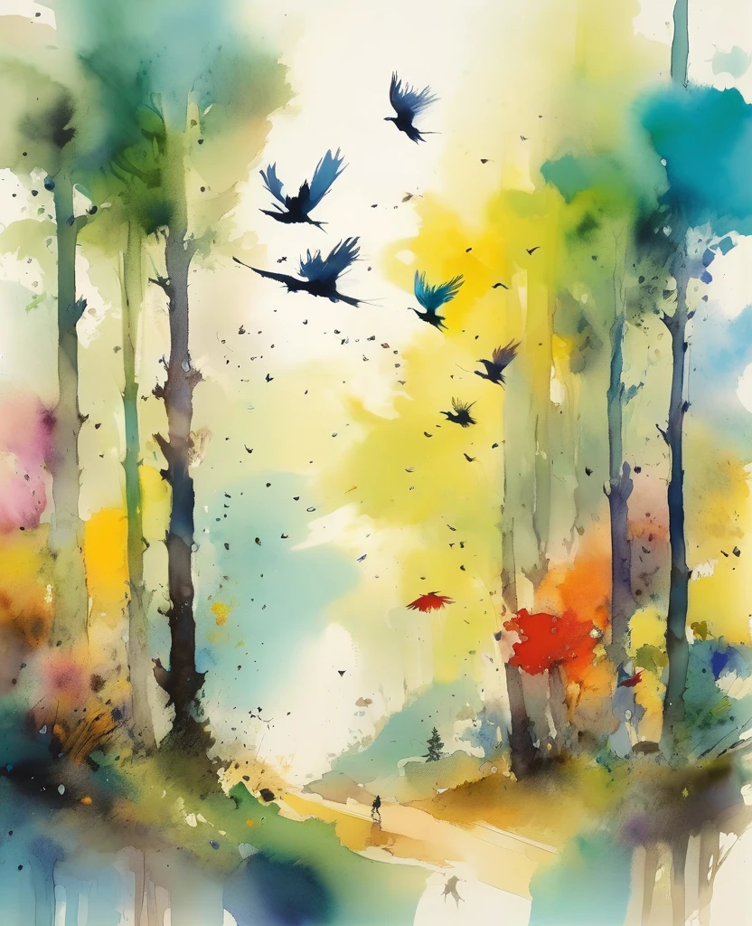 Quentin Blake style photo 、Forest trees々, Light, Wind and colorful birds、Portraiture、High resolution、Shake the sky、Highest quality、masterpiece、Very detailed