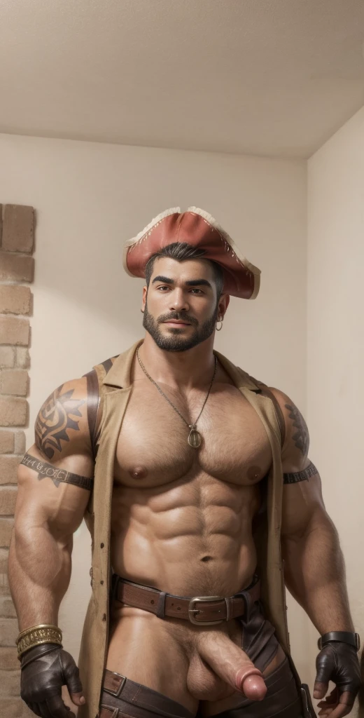 1boy, Assyrian, solo, facial hair,64 yrs old, daddy, male focus, flaccid penis, pectorals, bara, muscular, mature male, muscular male, abs, beard, ring nipples, tattoo pecs, short hair, navel, stomach, large pectorals, thick eyebrows,jewelry, belt, necklace, bracelet, open clothes/shirt/vest/coat, tattoo, boots, gloves, bare pectorals, fair-skinned male, erection, thighs, erection under clothes, pirate suit, tan skin, belt, open shirt, jacket, pirate uniform, pectoral cleavage, cowboy shot, feet out of frame, thick thighs, looking at viewer, masterpiece, 4k, high quality, highres, absurdres,