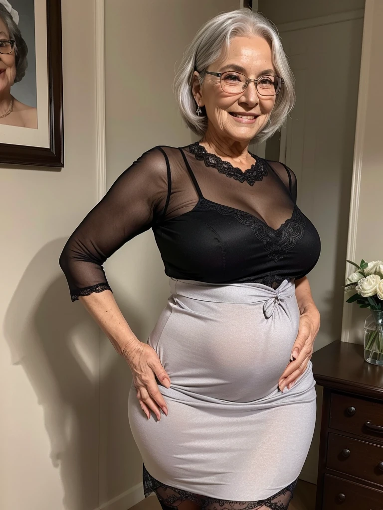 Mature old woman 80 years with silver hair, plus size, old face and body with many wrinkles, smiling, loose skin, standing at bedroom posing for photo, She wearing red night bodycon dress, large neckline and lace stockings and glasses side view. jaw dropping mature older beauty, old face and body with wrinkles, legs are visible, old face, attractive grandma, a gorgeous old hair, beautiful old grandma, lovely older mature grandma, gorgeous beautiful grandma over 80 years old, beautiful silver hair grandma, beautiful detailed body and face, a beautiful old granny