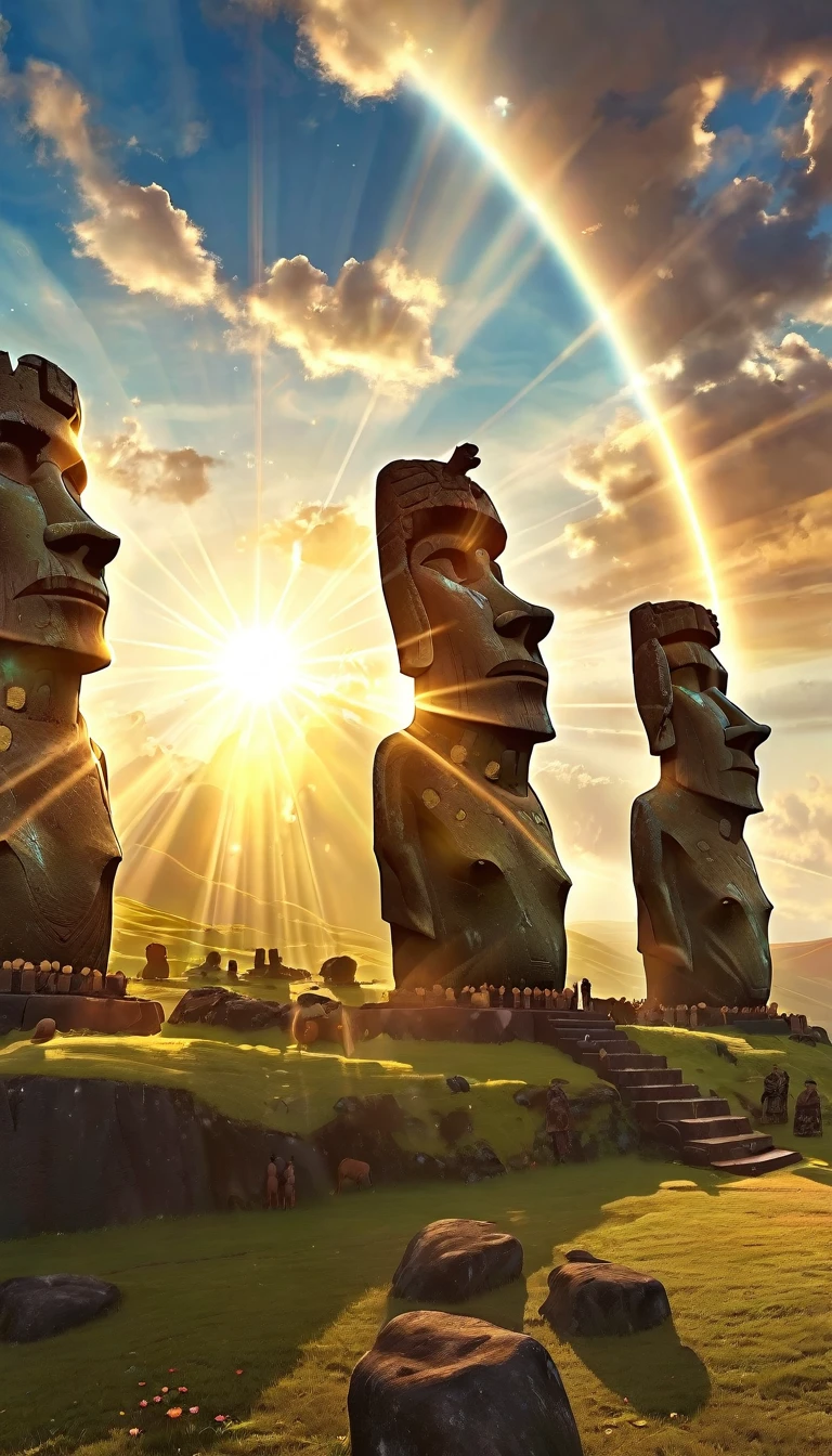 A stunning photo of the giant gold-hued Moai statues of Easter Island、A dazzling light that paints everything in gold、god々area、Digital Art, The clouds clear and the shining sun appears, On Ascension Day，Golden Sun、Sky City、god々Utopian、There is one relic。Lens flare、Angel Ladder、Super Detail，Highest quality，masterpiece，（8k)，Very detailed，A wonderful work of art，The picture is clear，Golden light on background