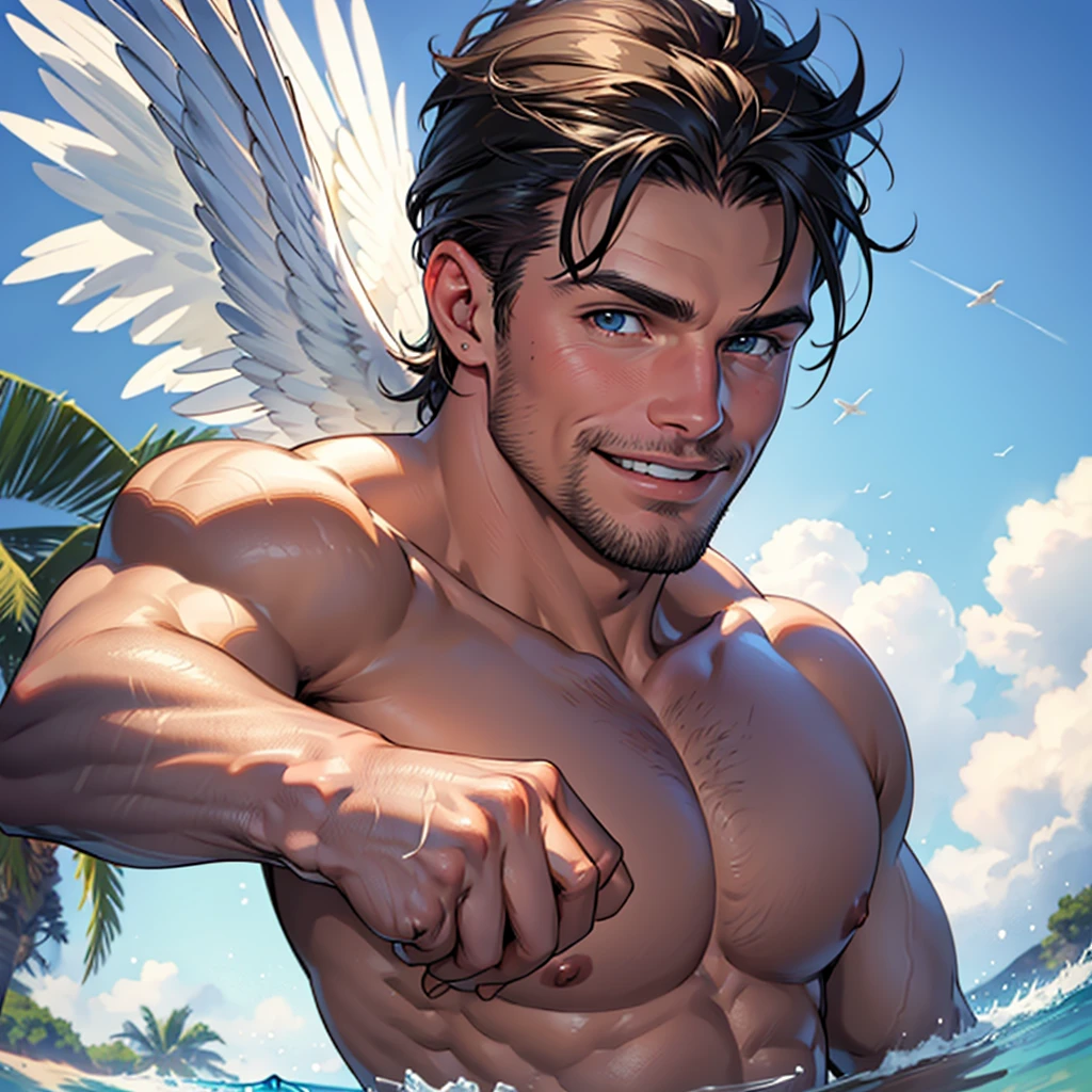 NSFW, 1 solo man ,high quality, detailed face, detailed fingers, detailed cock, detailed muscles, hunk and handsome mature man, Stephen AMELL naked and horny, , showing his muscles , wearing two angel wings , floating in the sky , smiling with angelic face
