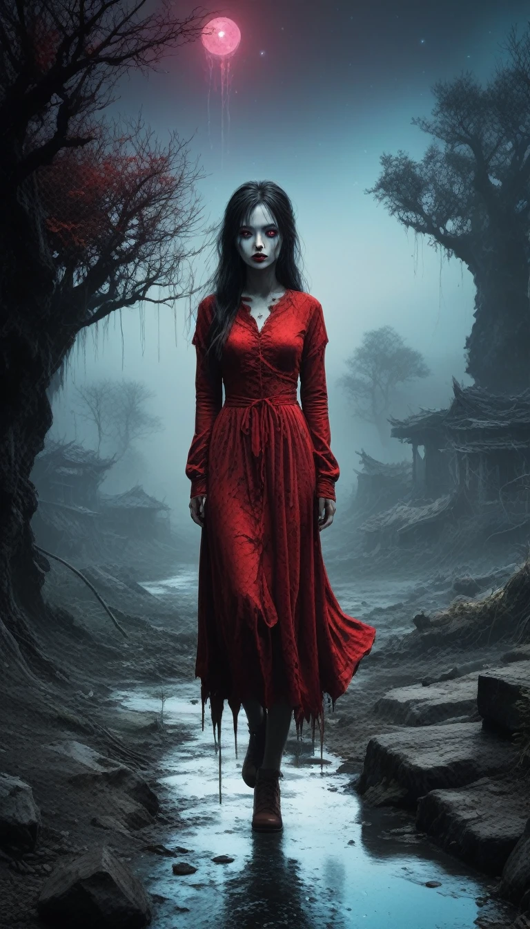 (Orcs:1.5),(Devil theme:1.5),(Dark horror theme:1.5),(Thriller:1.5),(Inspired by Stephen King:1.5),(Dark Fantasy:1.5), (Ink Painting:1.5), (black and white:1.5), (Sinister landscapes:1.5),(A large number of stars fly towards the viewer:1.5),(destroyed:1.5),(destroyed village:1.5),(19th century:1.5), (destroyed theme:1.5),(A lot of dust:1.5),(Puddle:1.5),(Unpaved roads:1.5),(:1.5),(excellent:1.5),(best quality:1.5),(masterpiece:1.5),Total length,Quartz Lepidolite Baby Girl Wearing Red Dress,Pretty Face,Raised eyebrows,full-body shot,Sinister landscape,Fluorite Chrysocolla Atmosphere,author：Simon Stalenhag,Nicomoli,(((Wanjichi Mutu))),primary color,Urban,Extremely detailed,masterpiece,Intricate details,fade,eyes Extremely detailed, High detail eyes,4K resolution,Raw, Nikon Z9,Horror Town,Total length,evil ghost, Winnie the Pooh Rainbow Colors,Intricate details,Stone Forest, Yunnan, China,Extremely detailed, Practical,, Dark and eerie atmosphere,  The ethereal existence, unforgettably beautiful, Ghosting, Mist rolling, Paranormal Entities, Monster Essence, Shadow form, Weird Whisper, breath, 皮肤苍白得Unforgettable, Dark twisted branches, Flickering candlelight, horror element, Mystery, ghost, Gothic art style, Unforgettable, Spectrum, Unforgettable melancholy, Otherworldly beauty, Ethereal Light, Unforgettable, Chilling and atmospheric, Epoachy lights.