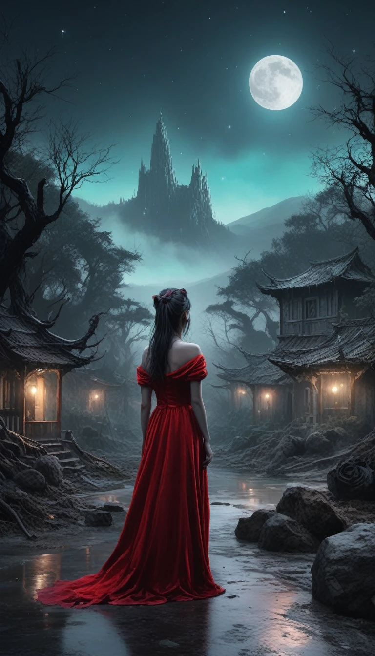 (Orcs:1.5),(Devil theme:1.5),(Dark horror theme:1.5),(Thriller:1.5),(Inspired by Stephen King:1.5),(Dark Fantasy:1.5), (Ink Painting:1.5), (black and white:1.5), (Sinister landscapes:1.5),(A large number of stars fly towards the viewer:1.5),(destroyed:1.5),(destroyed village:1.5),(19th century:1.5), (destroyed theme:1.5),(A lot of dust:1.5),(Puddle:1.5),(Unpaved roads:1.5),(:1.5),(excellent:1.5),(best quality:1.5),(masterpiece:1.5),Total length,Quartz Lepidolite Baby Girl Wearing Red Dress,Pretty Face,Raised eyebrows,full-body shot,Sinister landscape,Fluorite Chrysocolla Atmosphere,author:Simon Stalenhag,Nicomoli,(((Wanjichi Mutu))),primary color,Urban,Extremely detailed,masterpiece,Intricate details,fade,eyes Extremely detailed, High detail eyes,4K resolution,Raw, Nikon Z9,Horror Town,Total length,evil ghost, Winnie the Pooh Rainbow Colors,Intricate details,Stone Forest, Yunnan, China,Extremely detailed, Practical,, Dark and eerie atmosphere, The ethereal existence, unforgettably beautiful, Ghosting, Mist rolling, Paranormal Entities, Monster Essence, Shadow form, Weird Whisper, breath, 皮肤苍白得Unforgettable, Dark twisted branches, Flickering candlelight, horror element, Mystery, ghost, Gothic art style, Unforgettable, Spectrum, Unforgettable melancholy, Otherworldly beauty, Ethereal Light, Unforgettable, Chilling and atmospheric, Epoachy lights.