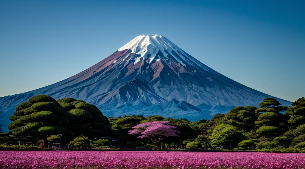 RAW photo of mount. Fuji Mountain, mount. Fuji Mountain one, We don&#39;t need another mountain, Delicate, beautiful and realistic, detailed, Realistic, Ultra-realistic photos, 8K Ultra HD, Digital SLR, Sunny spring mountain, high quality, Film Grain, Fujifilm XT3, (masterpiece), majestic mount. Daisen, mount. Fuji Mountain reflected on the surface of the lake, Cherry blossoms are beautiful, The morning sun overlaps,