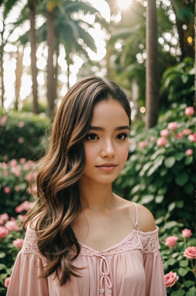 8K, Foto CRU, Fujifilm, foto de estilo de uma bela jovem como Avril em um jardim de rosas cor de rosa claro (pele altamente detalhada: 1.2) Estilo-Petal BREAK cabelo curto, cabelo loiro com mechas coloridas, vestindo um vestido, film grain, 35mm, estilo fofo