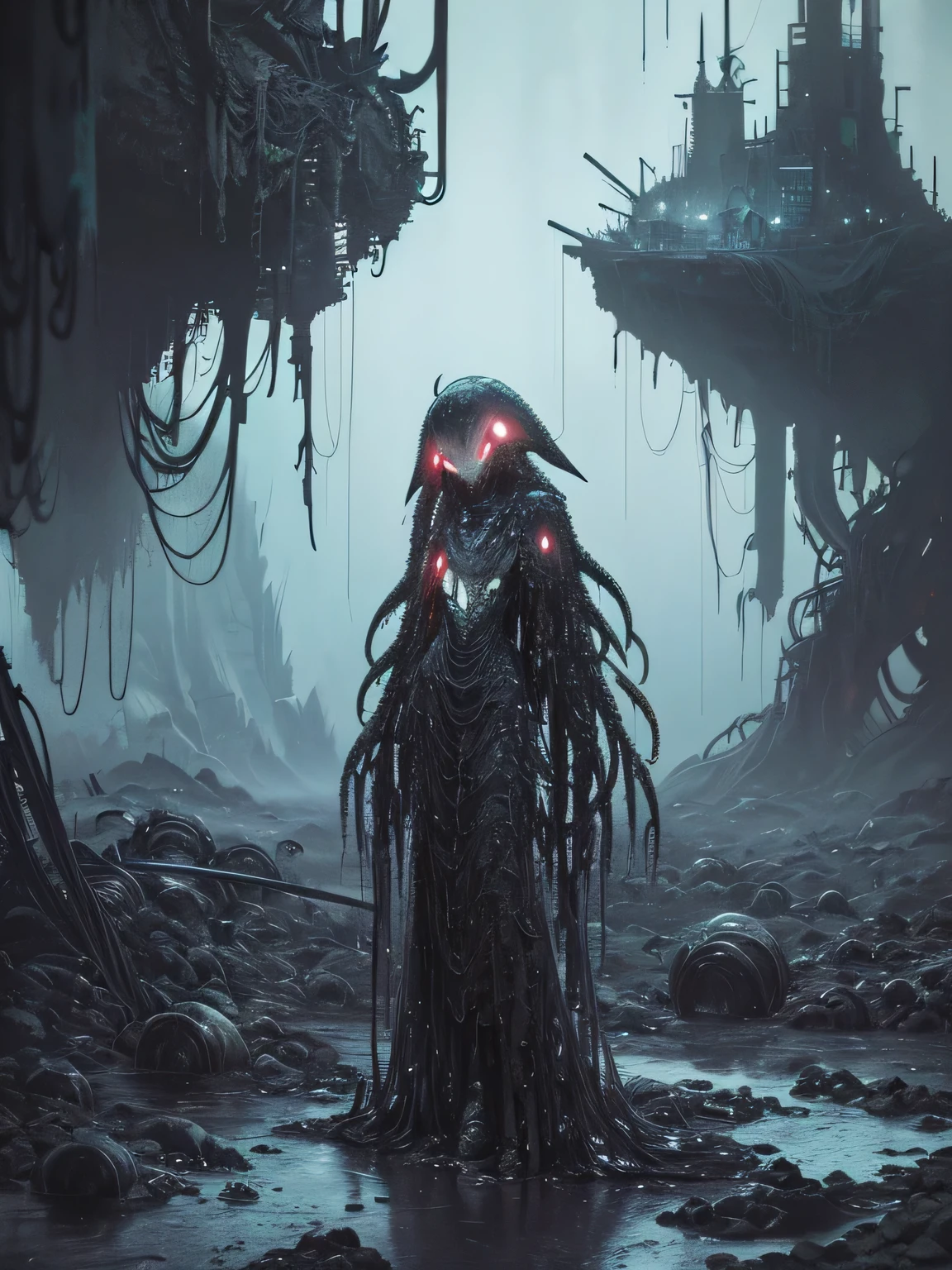 ((dark biopunk horror atmosphere tentacles)), ((beautiful girl in biopunk style)), (dark gray skin), biopunk clothing, slime-covered steel biomes, biopunk mountains, tentacles, cold lighting, abandoned landscapes, (Scorn videogame style), Horror atmosphere, presence of something terrible, very detailed biopunk background, art by Hans Giger, perfect anatomy, Masterpiece