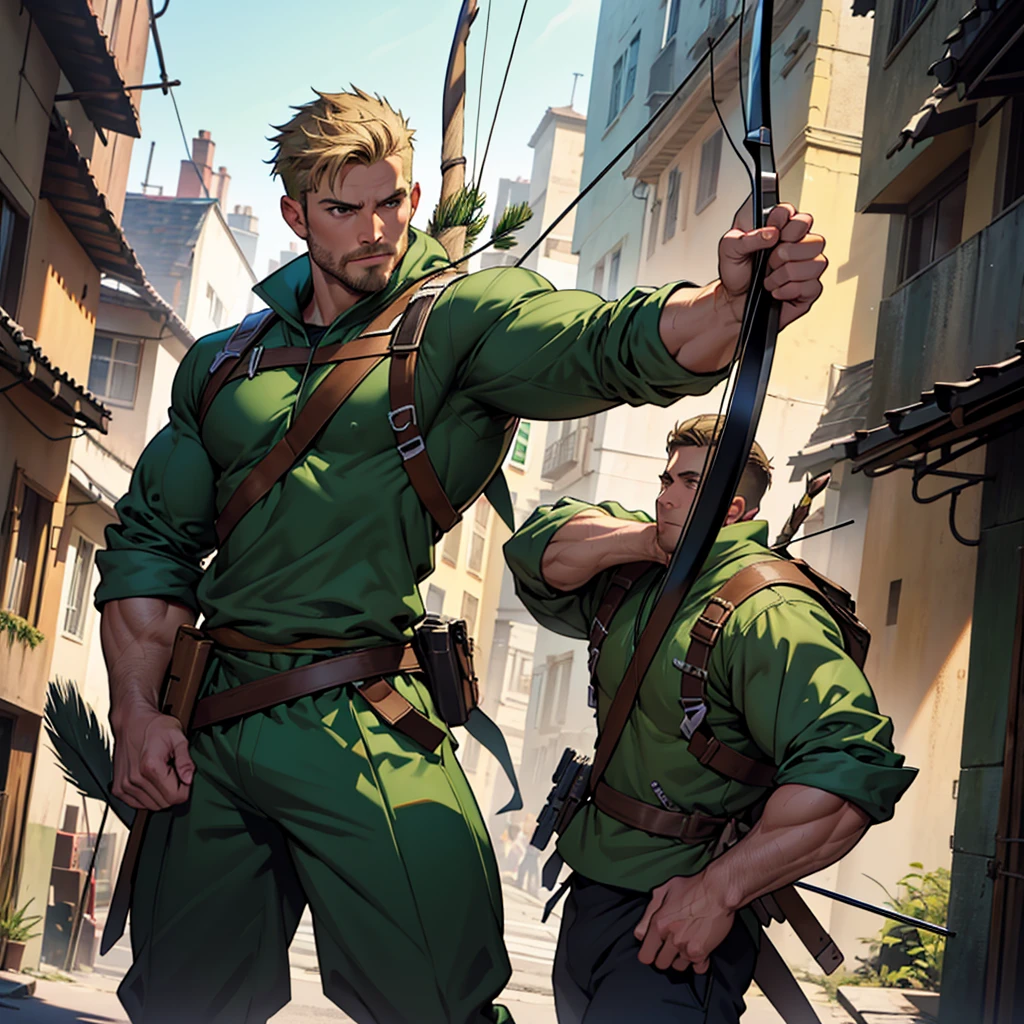In movement ,in action , 8k, high quality , very well detailed face , detailed fingers ,detailed muscles, detailed background, stephen amell as green arrow , wearing dark green outfit, showing a dark blond short hair WITH FADE AWAY , a well groomed facial hair , a bulge ,hunk and handsome, using his bow and arrow , aiming with his bow and arrow toward the ennemy,in action , jumping from roof to roof , in the air , with the quiver on his back full of arrows, background cityscape at DAY LIGHT