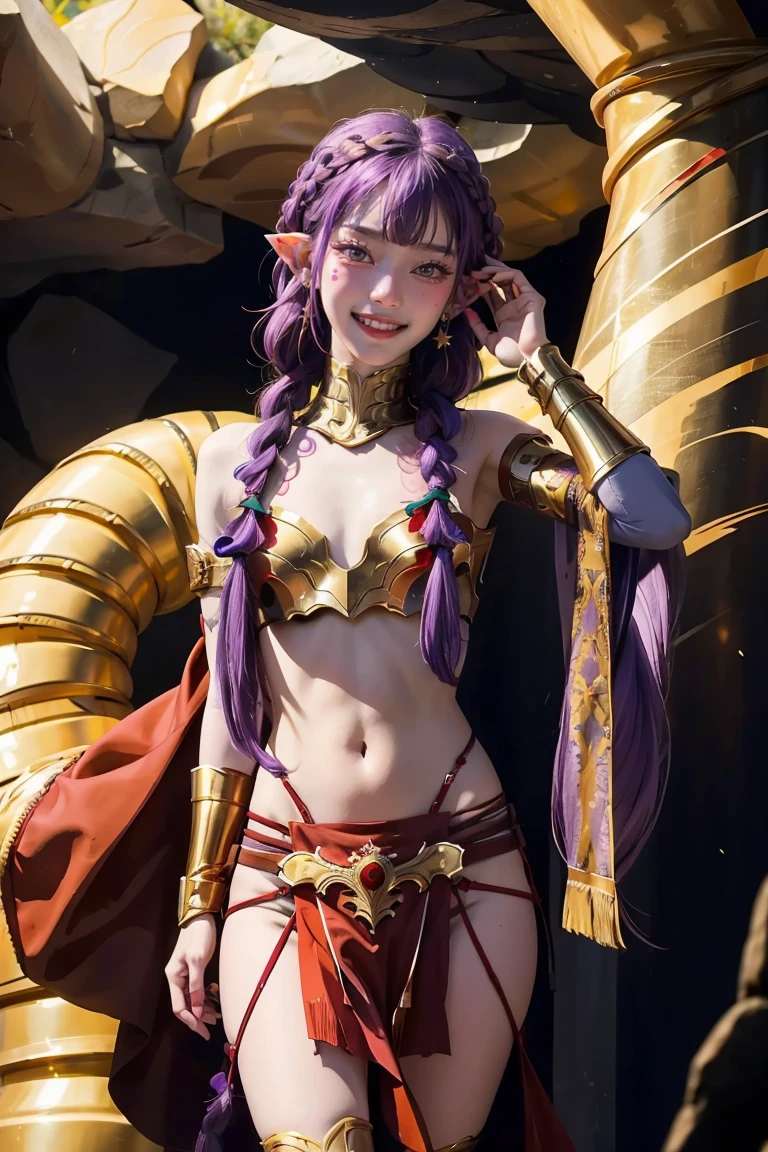 best quality, (masterpiece:1.2), detailed,
 esil radiru,
solo, light smile,
purple hair, long hair, braid, red eyes, pointy ears, facial mark, earrings,
red amor, gold trim, pauldrons,
standing, looking at the viewer,
cave, estilo hiperrealista, super detallado