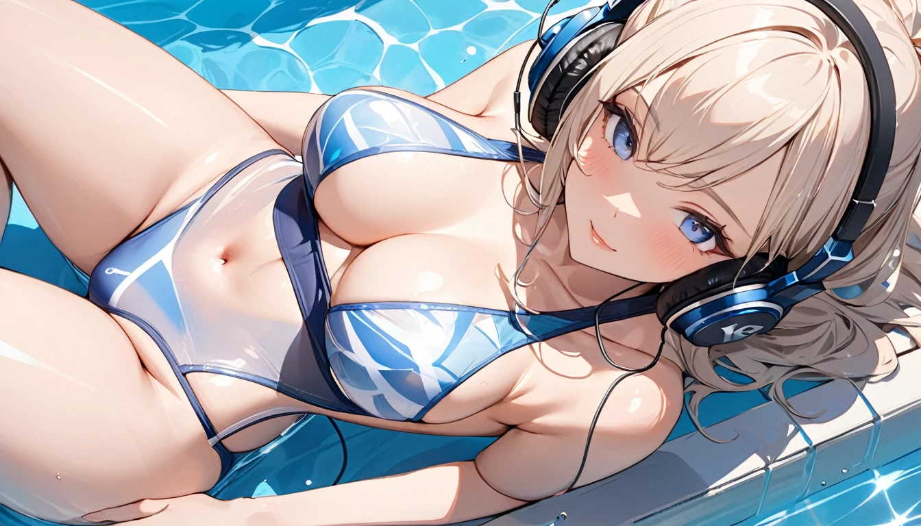 ((Top Quality)), ((Masterpiece)), ((Detail)), Perfect face, Perfact bodty, sitting on the swmming pool, listening to music, wearing headphones, wearing swimsuits, swimsuits are transparent, legs open Sitting wide open, wearing tight clothing (yes, buttocks and breasts are exposed). I see a face, one women