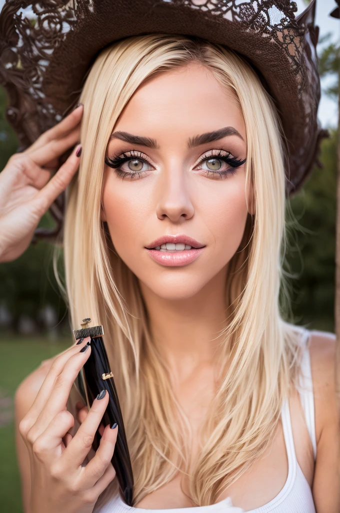 Collieesi, blonde hair, mascara, ultra photorealistic, photoshooting in park