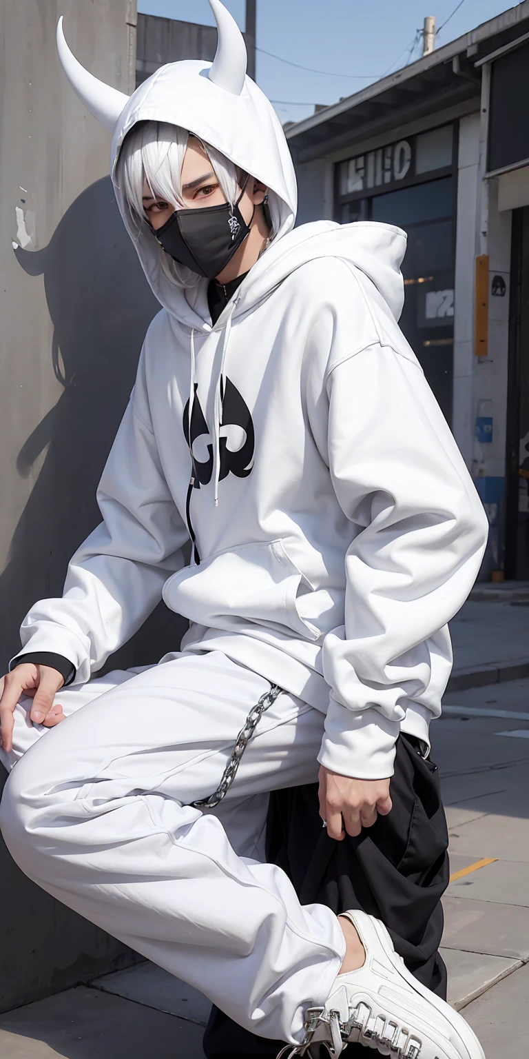 man wearing all back white mask with two horns , hoodi and Trousers Pants Harajuku with joradn white shoes, plaid pants, black pants, chain, tripppants, pants, strappy pants, mask, horns, alex_the_terrible_mask, hoodie, wearing a hoodie